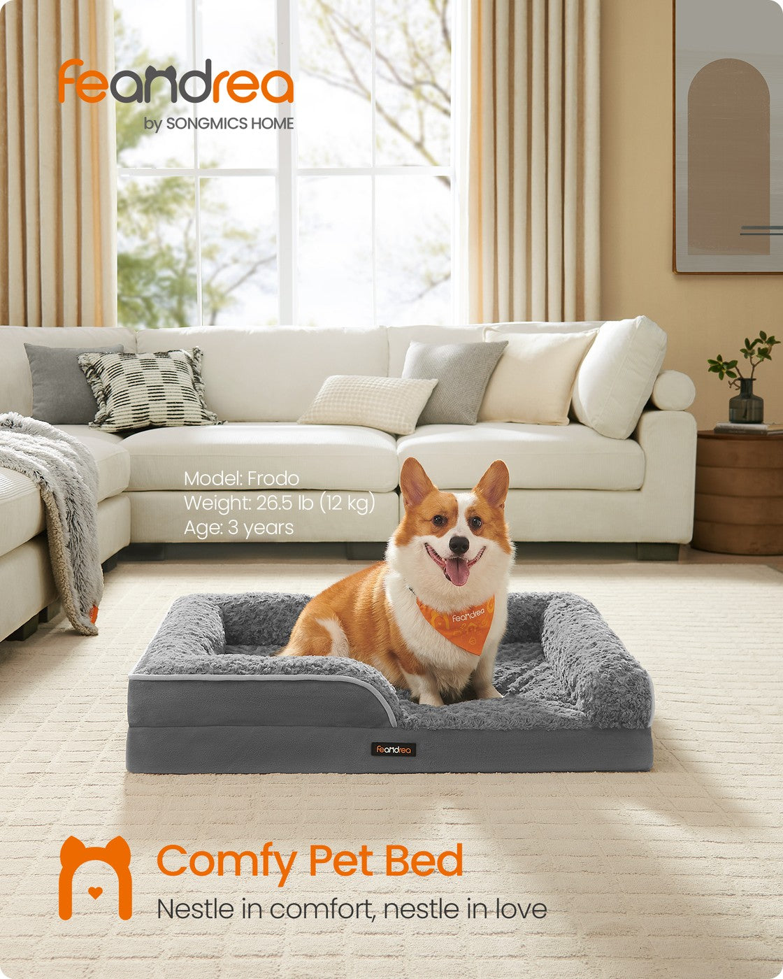 Orthopedic Dog Bed for Large Dogs - PV Plush with Rose Pattern and Velvet - Slate Grey
