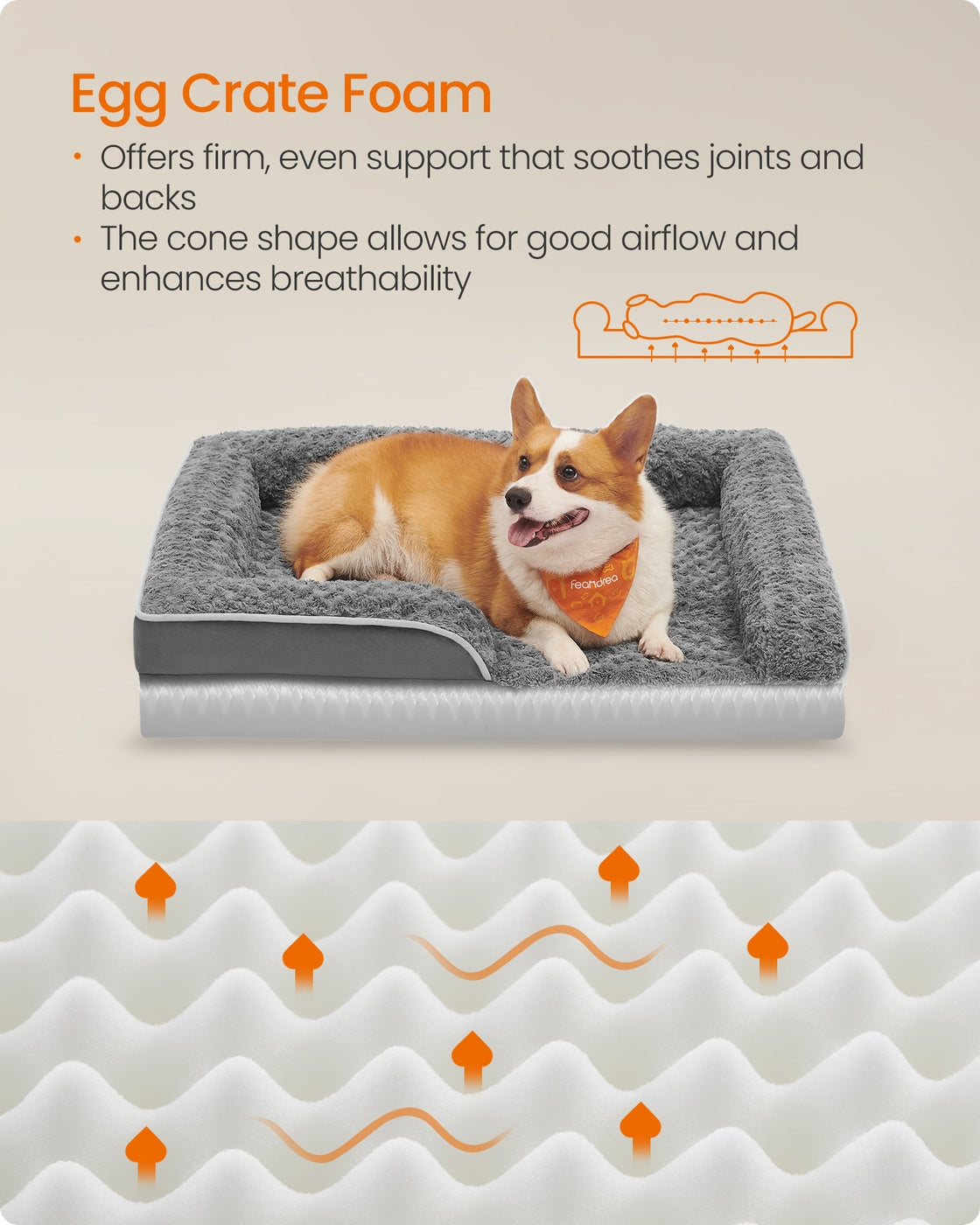 Orthopedic Dog Bed for Large Dogs - PV Plush with Rose Pattern and Velvet - Slate Grey