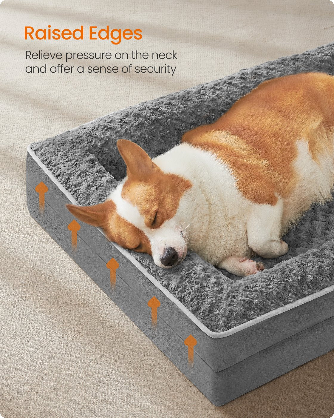 Orthopedic Dog Bed for Large Dogs - PV Plush with Rose Pattern and Velvet - Slate Grey