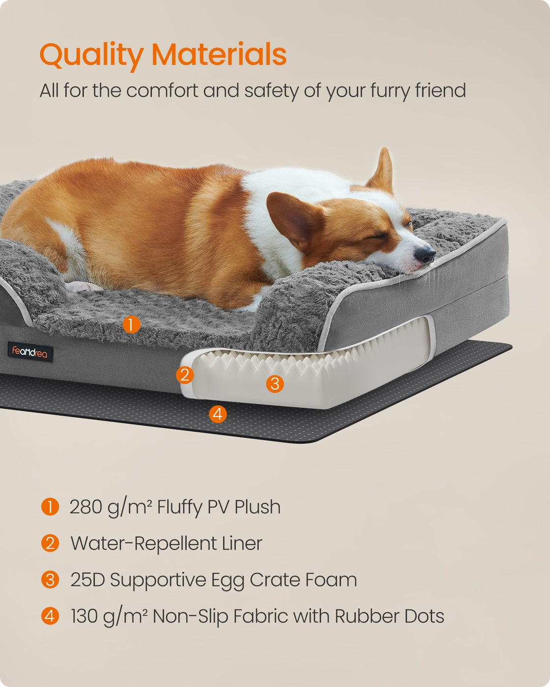 Orthopedic Dog Bed for Large Dogs - PV Plush with Rose Pattern and Velvet - Slate Grey