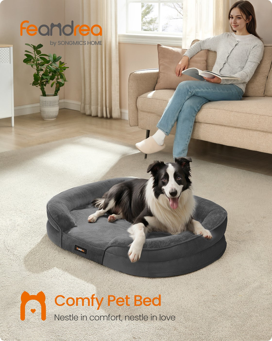 Dog Bed Large Orthopaedic Dog Sofa Bed - Flannel and Velvet - Slate Grey