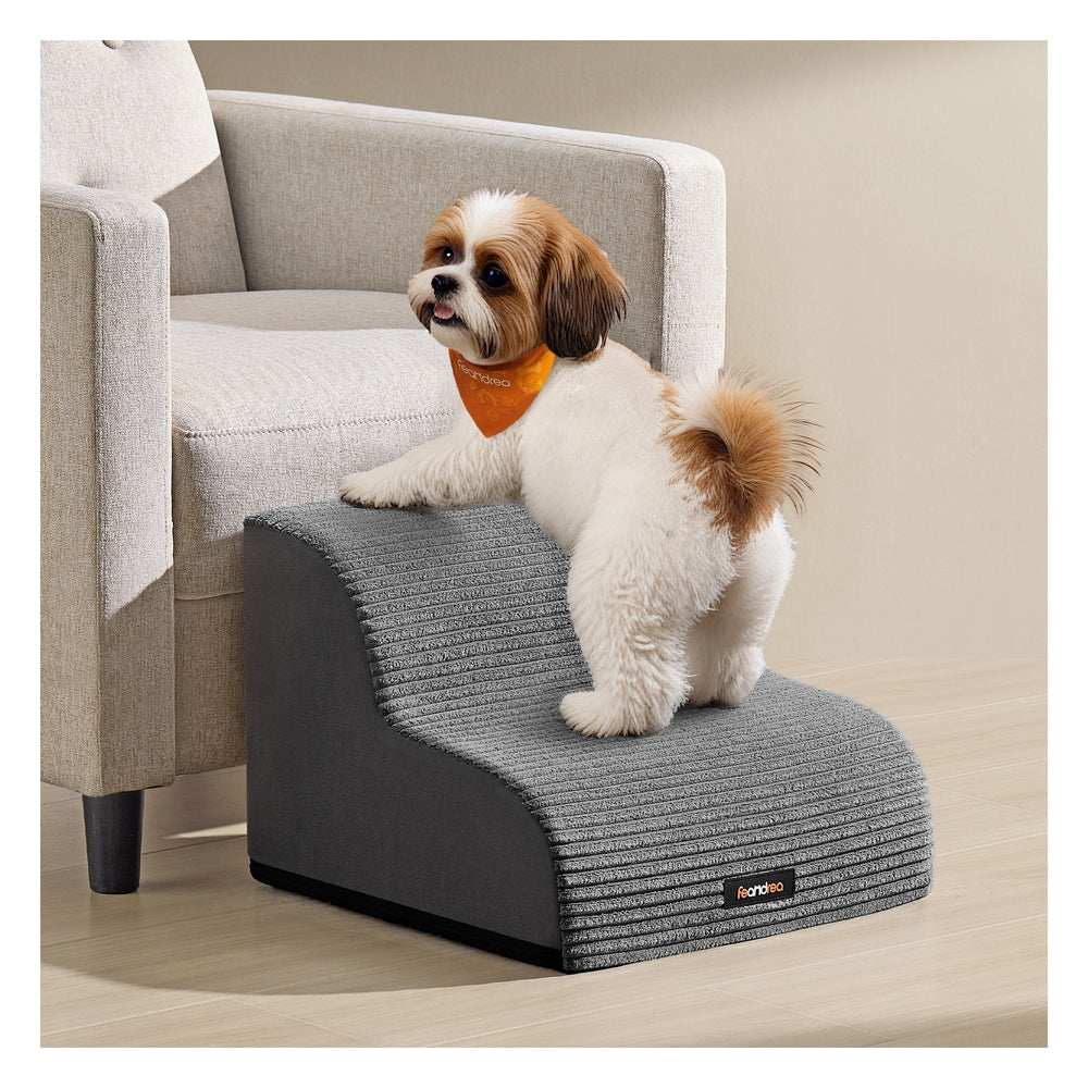 2-Step Dog Stairs Corduroy Dog Steps for Bed - Faux Suede Fabric and Corduroy - Slate Grey