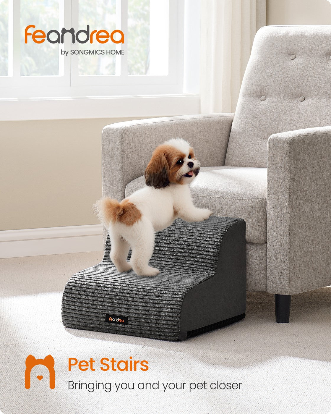 2-Step Dog Stairs Corduroy Dog Steps for Bed - Faux Suede Fabric and Corduroy - Slate Grey