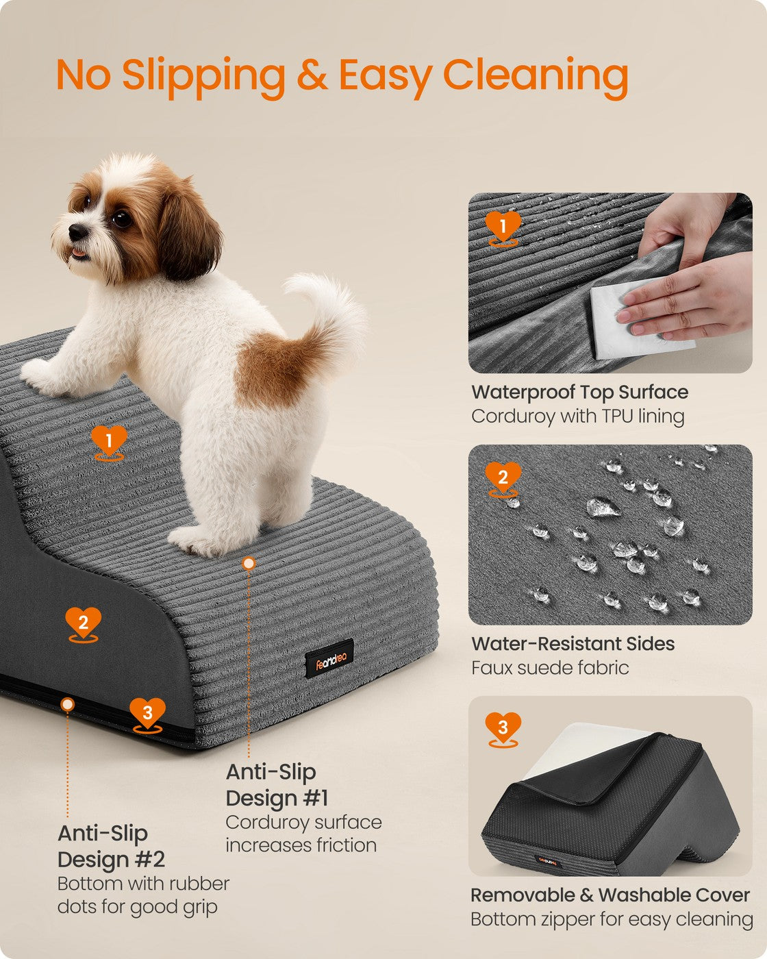 2-Step Dog Stairs Corduroy Dog Steps for Bed - Faux Suede Fabric and Corduroy - Slate Grey