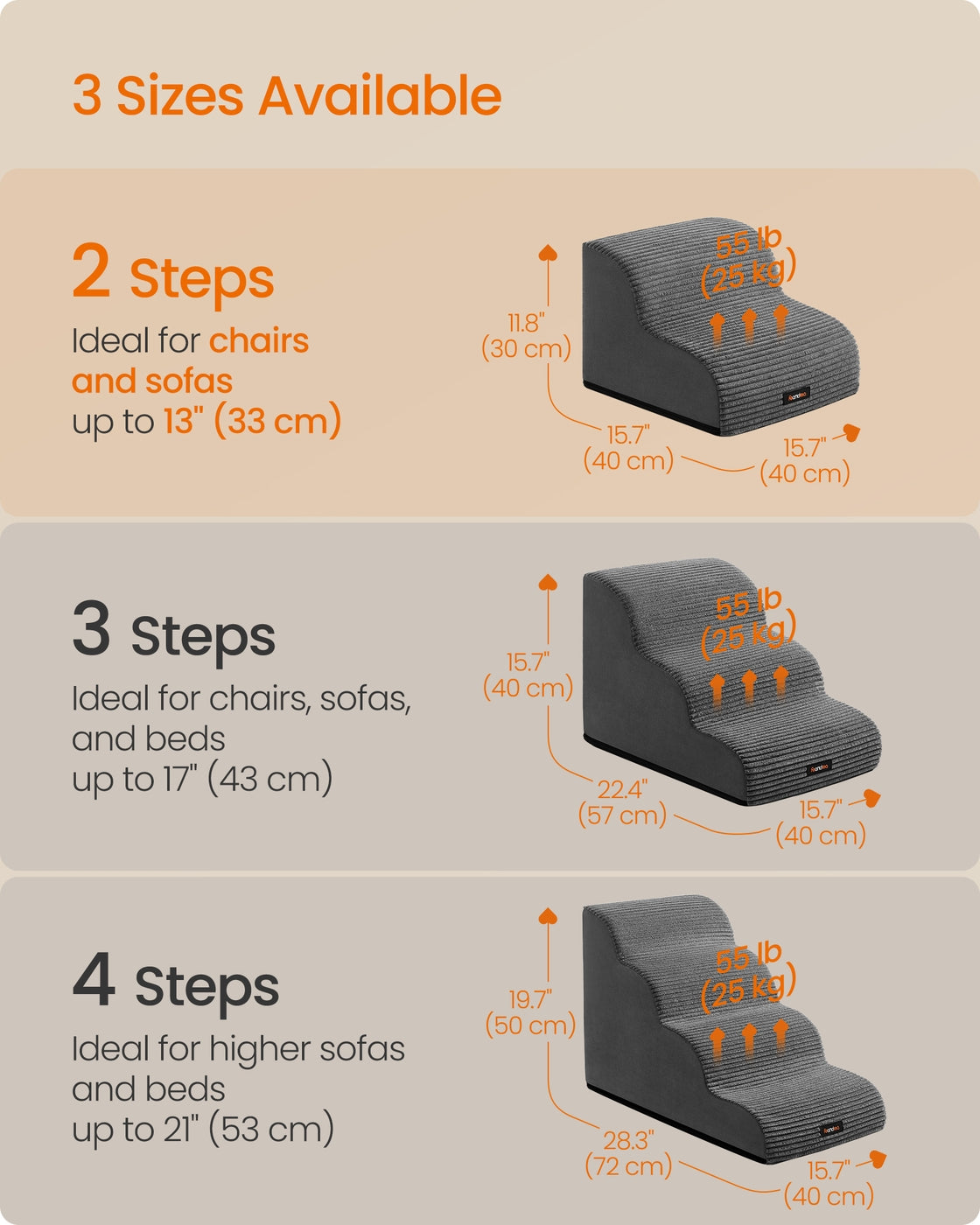 2-Step Dog Stairs Corduroy Dog Steps for Bed - Faux Suede Fabric and Corduroy - Slate Grey