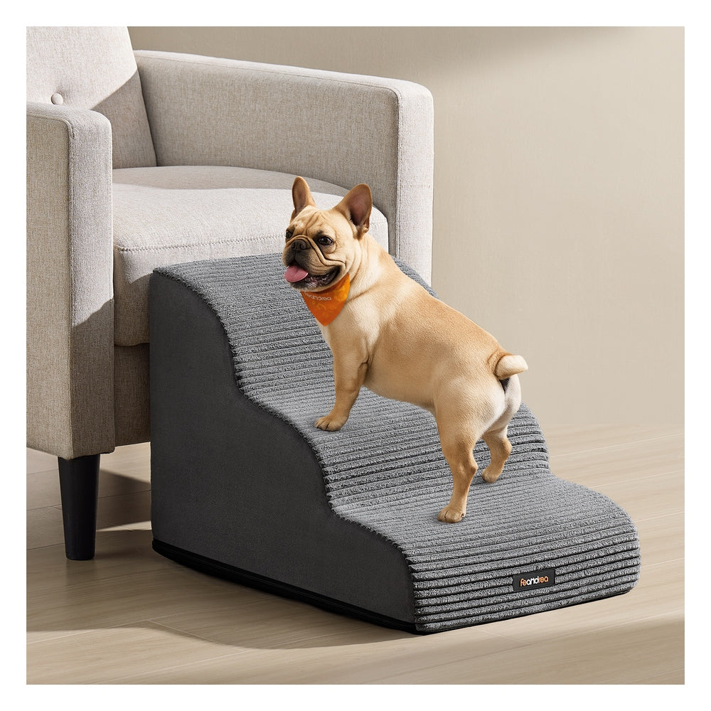 3-Step Dog Stairs Dog Steps for Bed - Faux Suede Fabric and Corduroy - Slate Grey