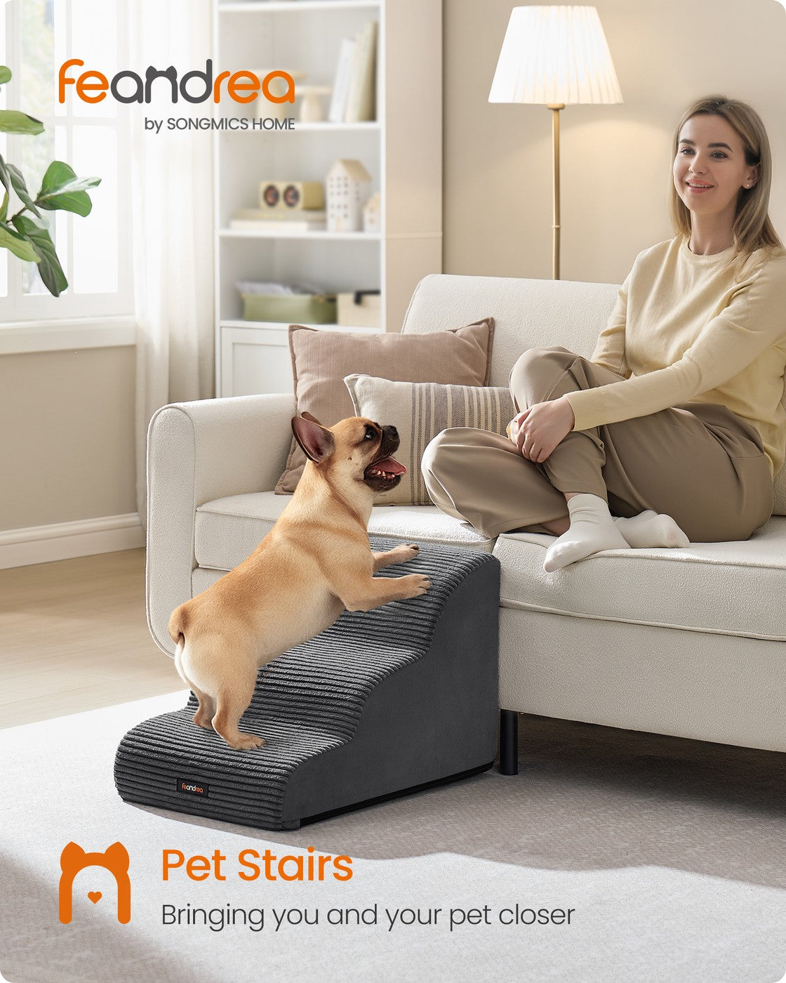 3-Step Dog Stairs Dog Steps for Bed - Faux Suede Fabric and Corduroy - Slate Grey