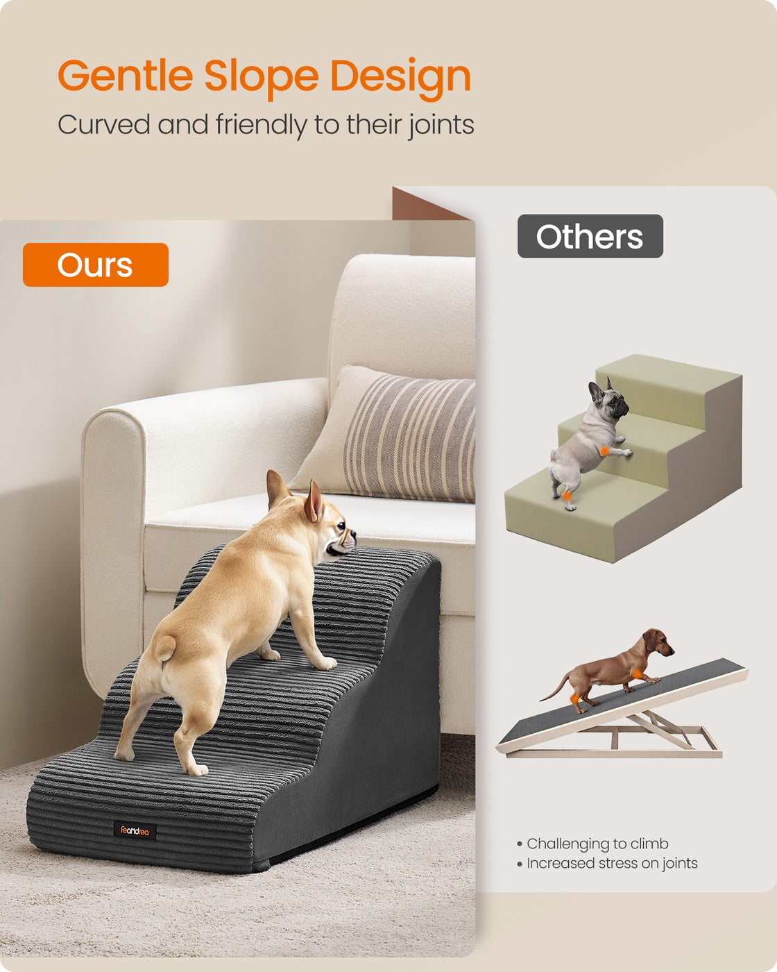 3-Step Dog Stairs Dog Steps for Bed - Faux Suede Fabric and Corduroy - Slate Grey