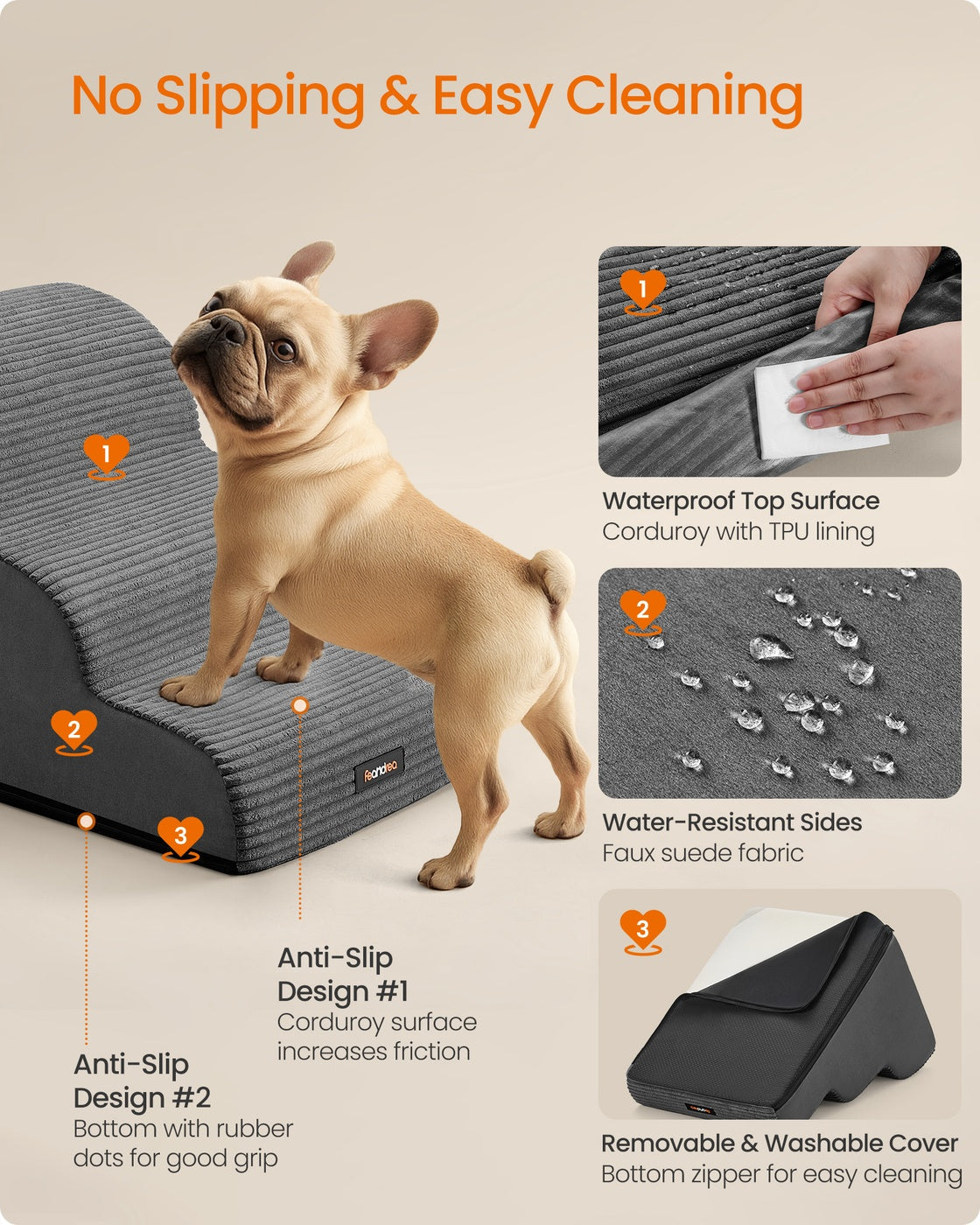 3-Step Dog Stairs Dog Steps for Bed - Faux Suede Fabric and Corduroy - Slate Grey