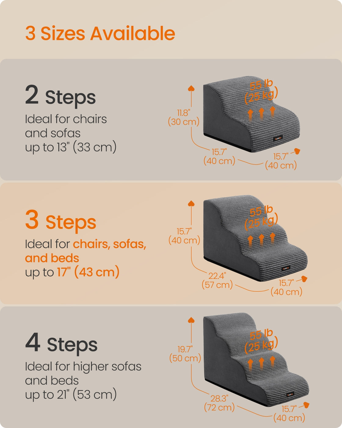 3-Step Dog Stairs Dog Steps for Bed - Faux Suede Fabric and Corduroy - Slate Grey