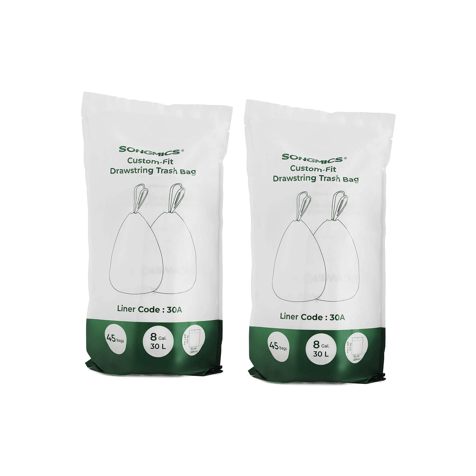 Drawstring Bin Liners - 30L Capacity - Durable Plastic - White - 90 Pieces in 2 Rolls