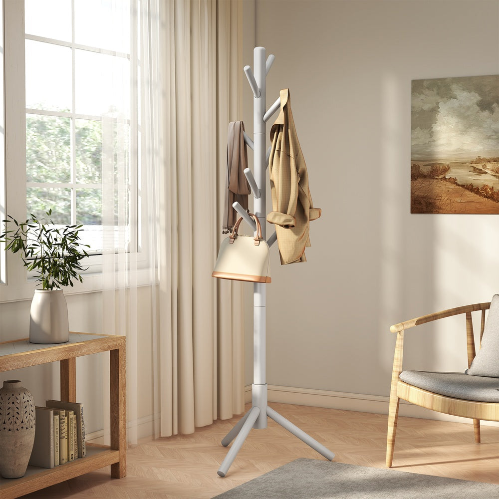 Wooden Hall Tree - Solid Wood - Beige - with 8 Hooks