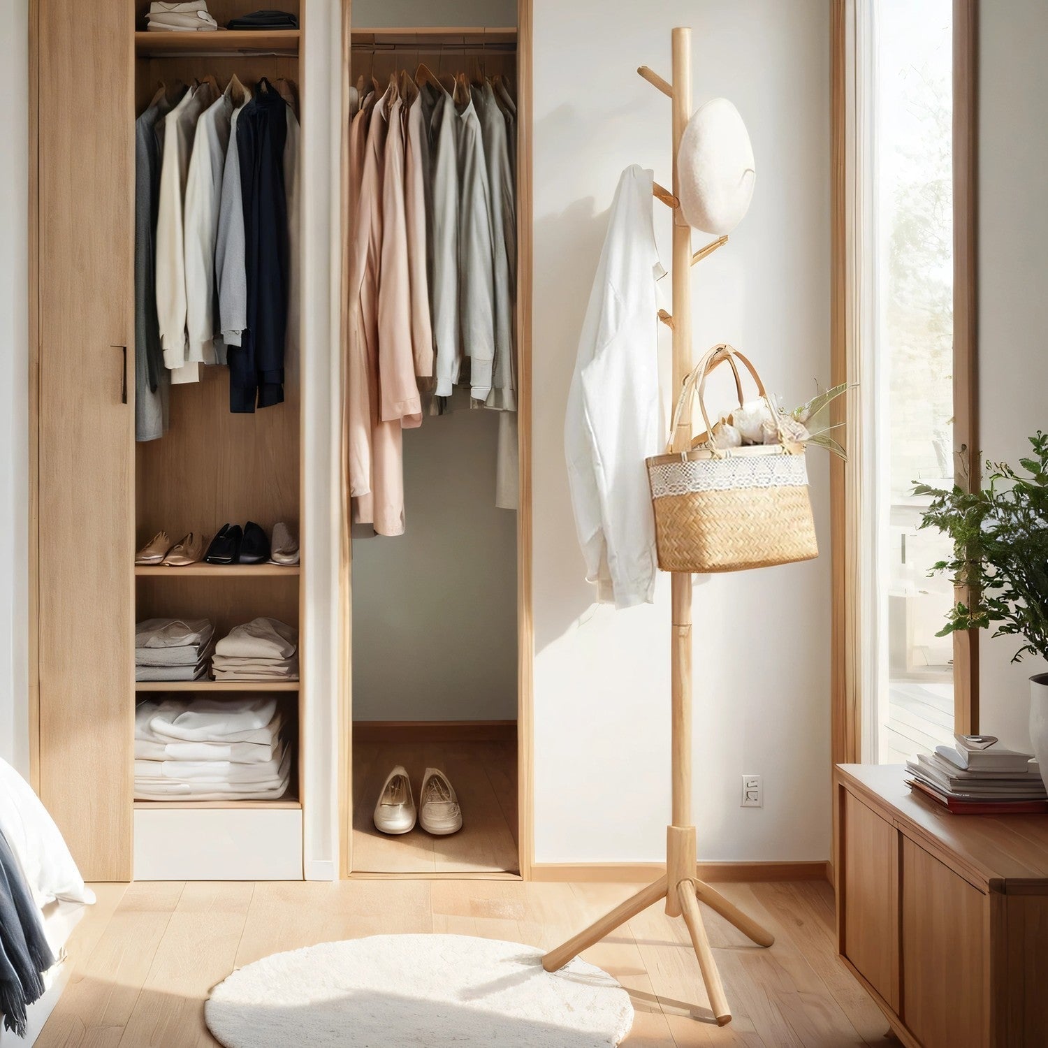 Standing Coat Rack - Solid Wood - White - Tree-Shaped with 8 Hooks and Adjustable Height Options
