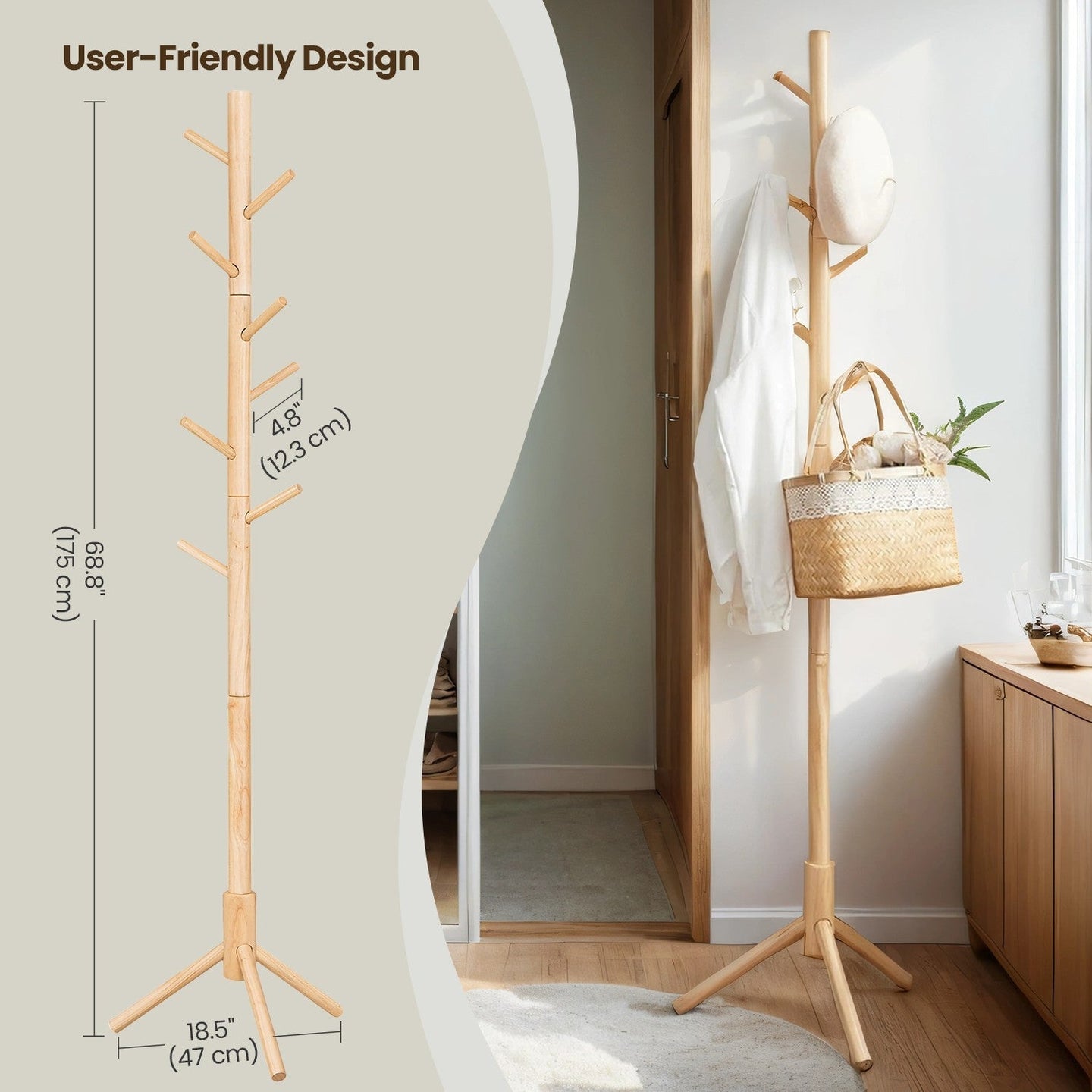 Standing Coat Rack - Solid Wood - White - Tree-Shaped with 8 Hooks and Adjustable Height Options