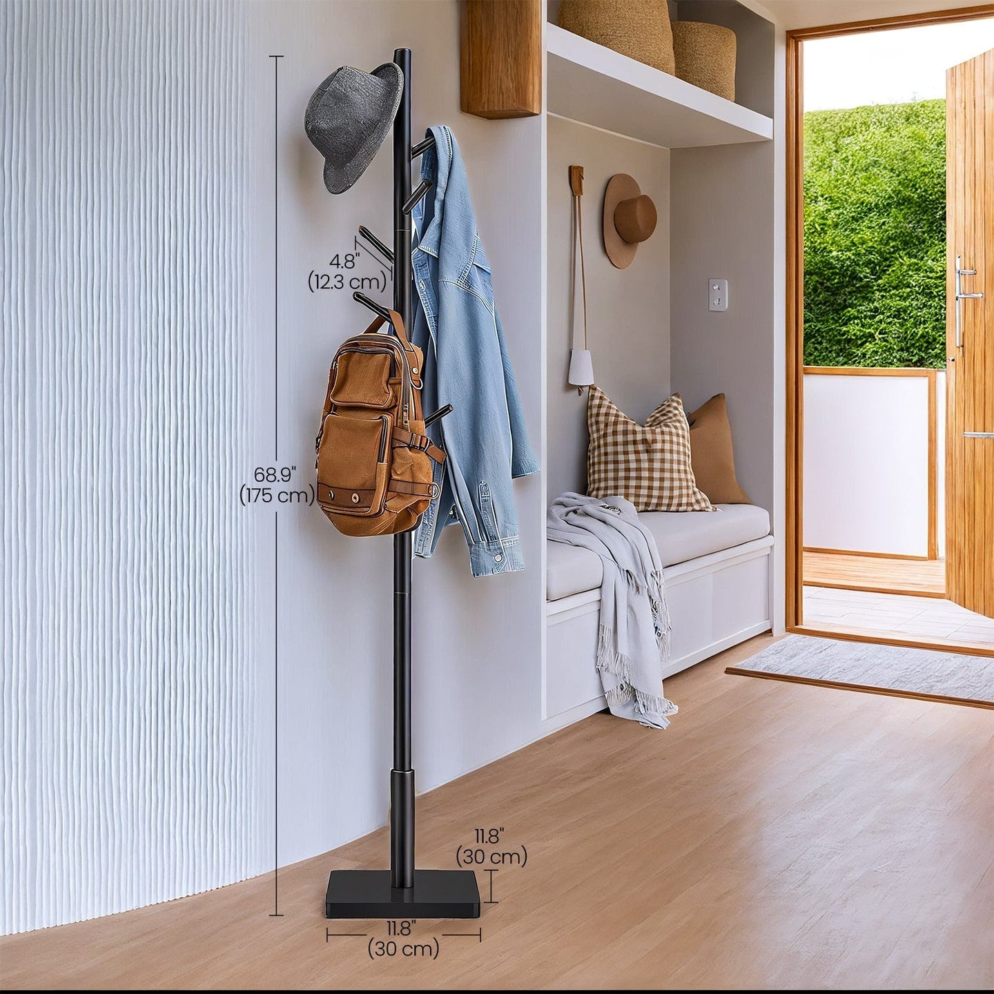 Coat Rack - Solid Wood - Natural Beige - Free Standing with 8 Hooks and Adjustable Height Options