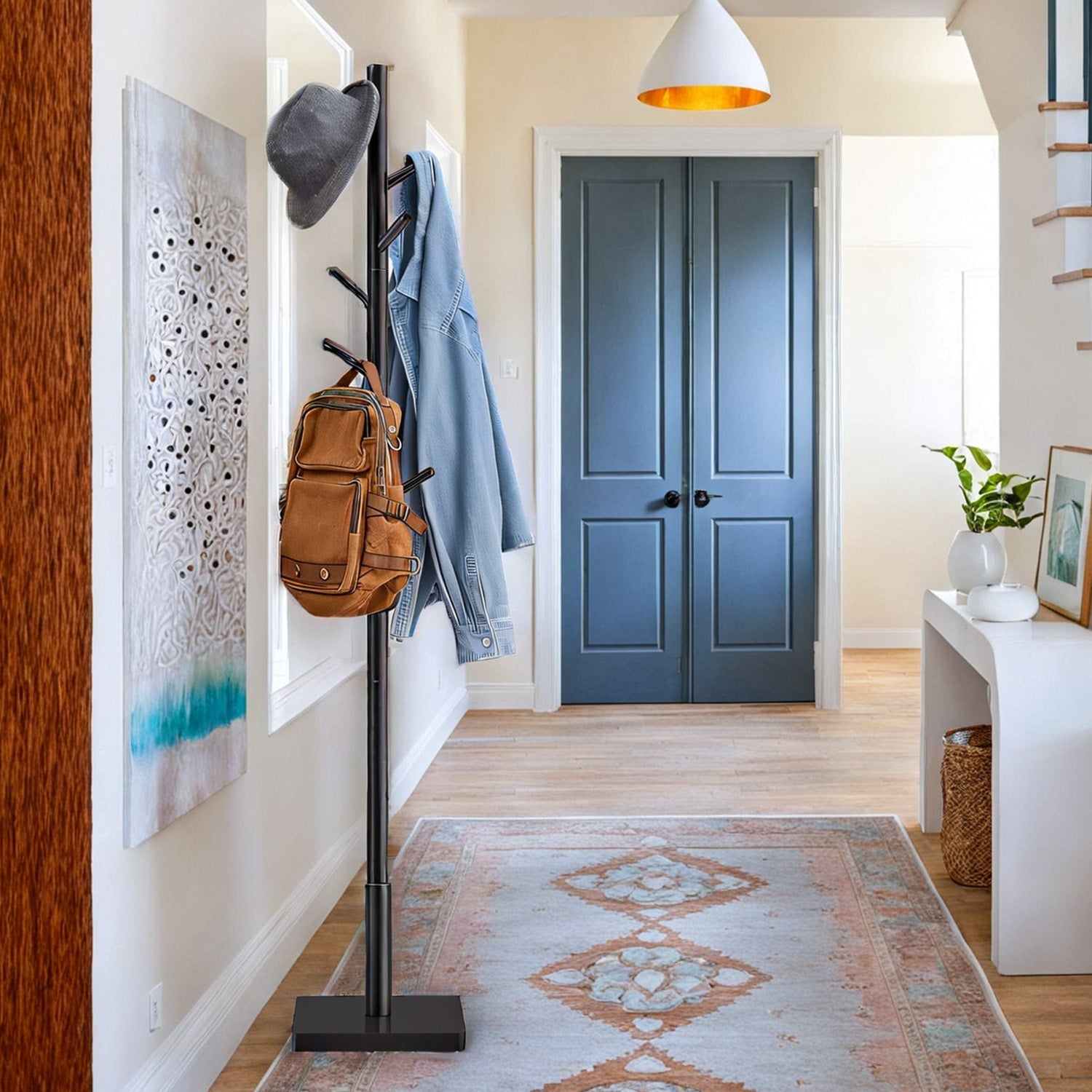Coat Rack - Solid Wood - Natural Beige - Free Standing with 8 Hooks and Adjustable Height Options
