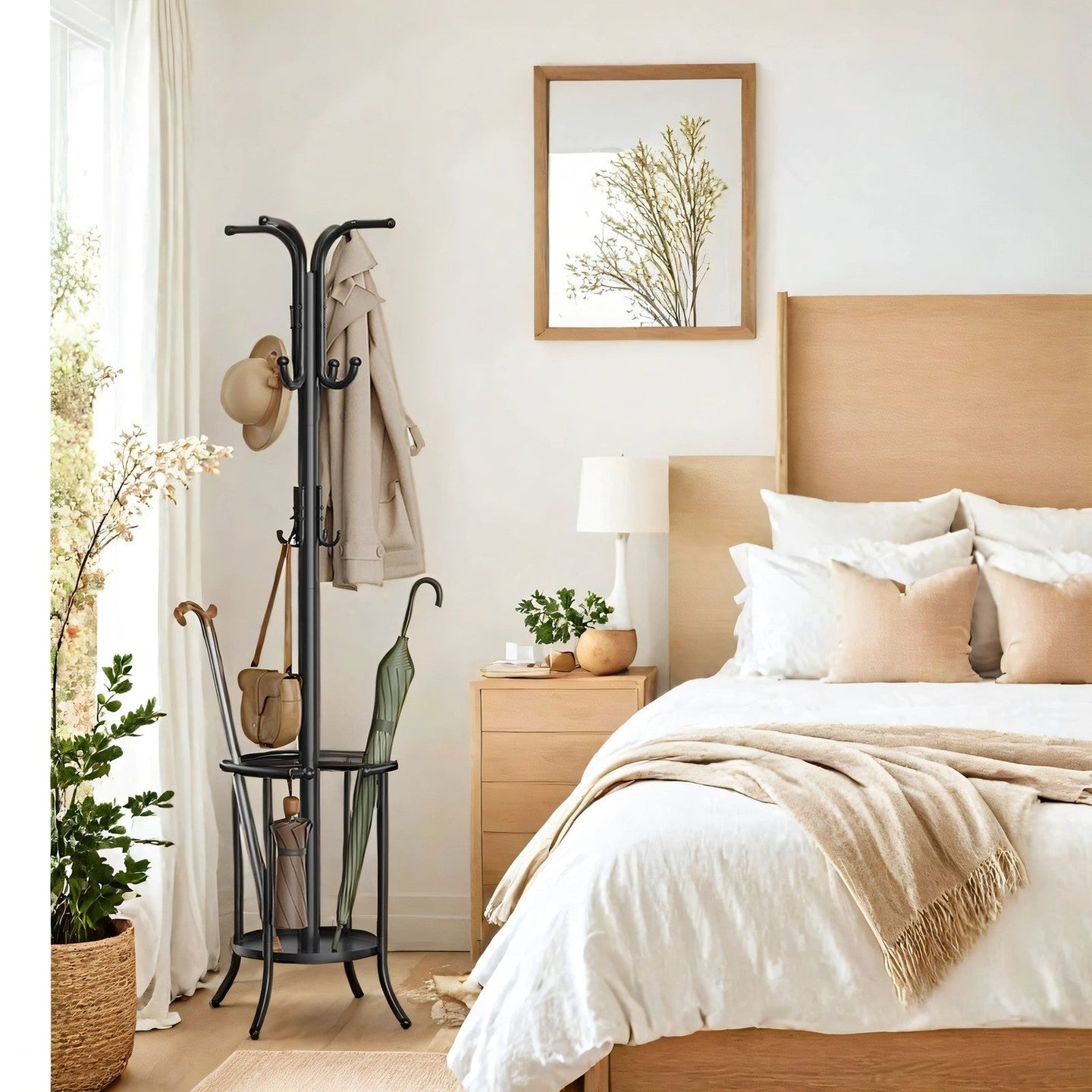 Freestanding Coat Rack - Metal - Black - 12 Hooks with Umbrella Holder
