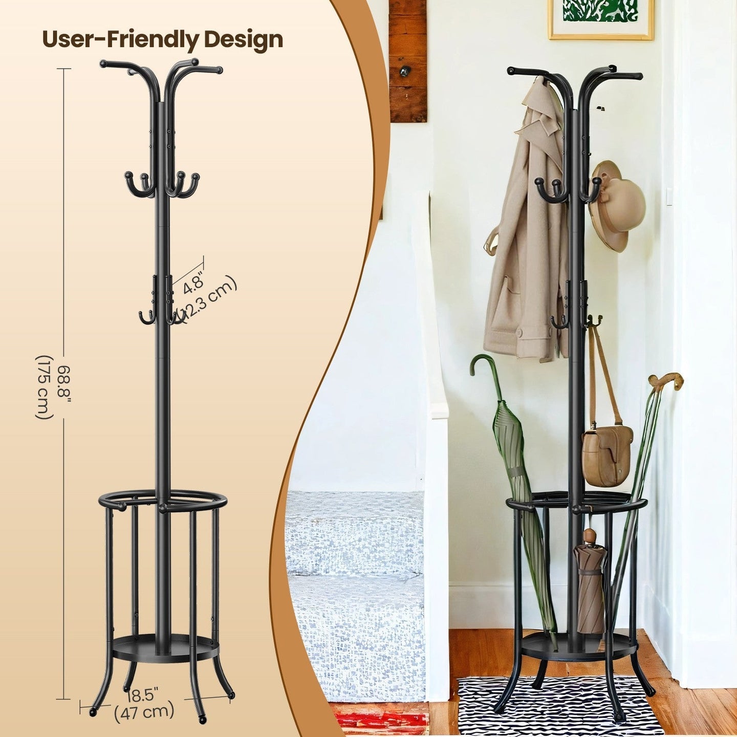 Freestanding Coat Rack - Metal - Black - 12 Hooks with Umbrella Holder