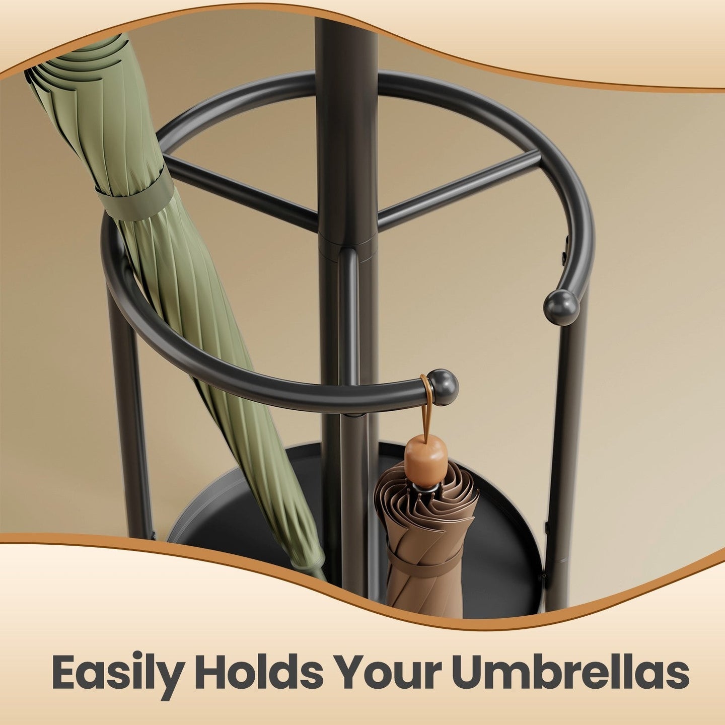 Freestanding Coat Rack - Metal - Black - 12 Hooks with Umbrella Holder