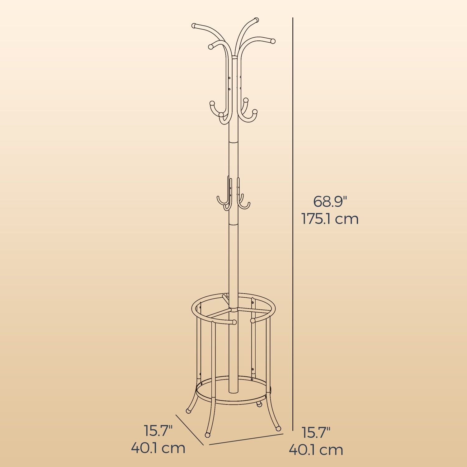Freestanding Coat Rack - Metal - Black - 12 Hooks with Umbrella Holder