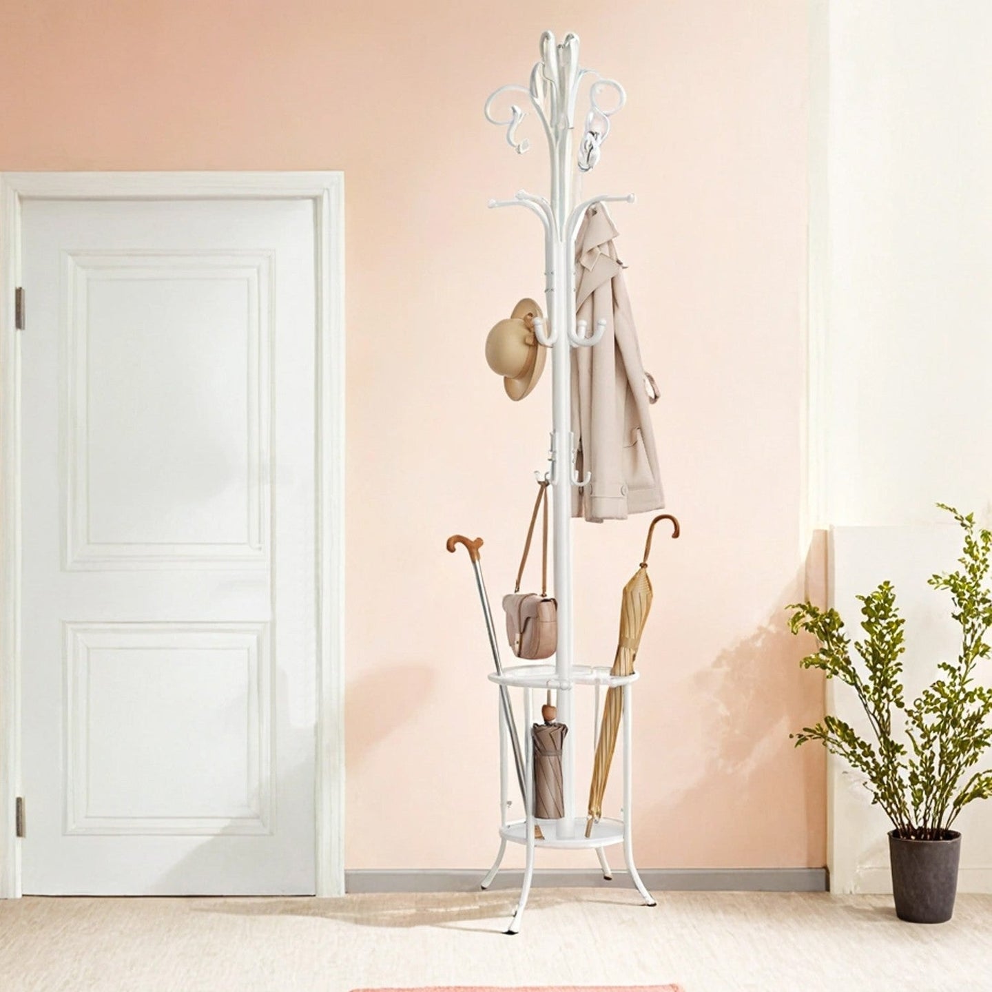 Freestanding Coat Rack - Metal - Black - 12 Hooks with Umbrella Holder