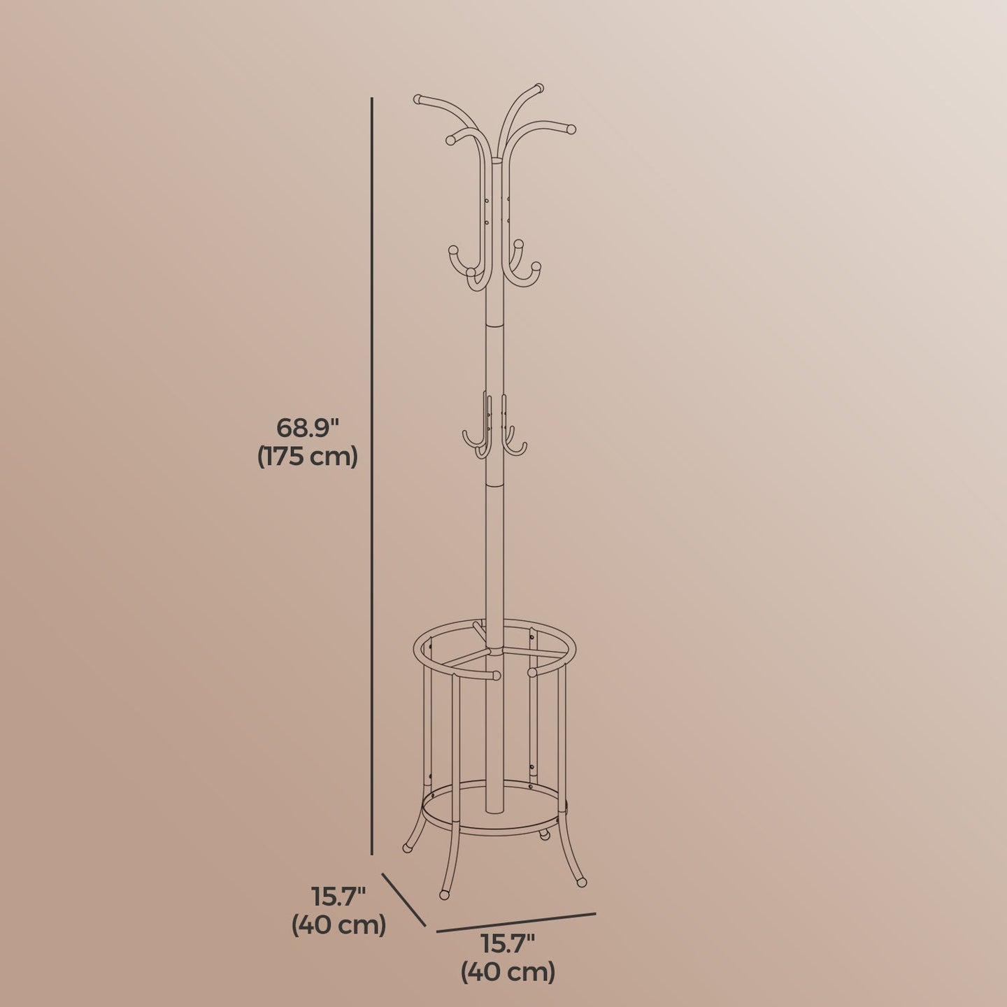 Freestanding Coat Rack - Metal - Black - 12 Hooks with Umbrella Holder