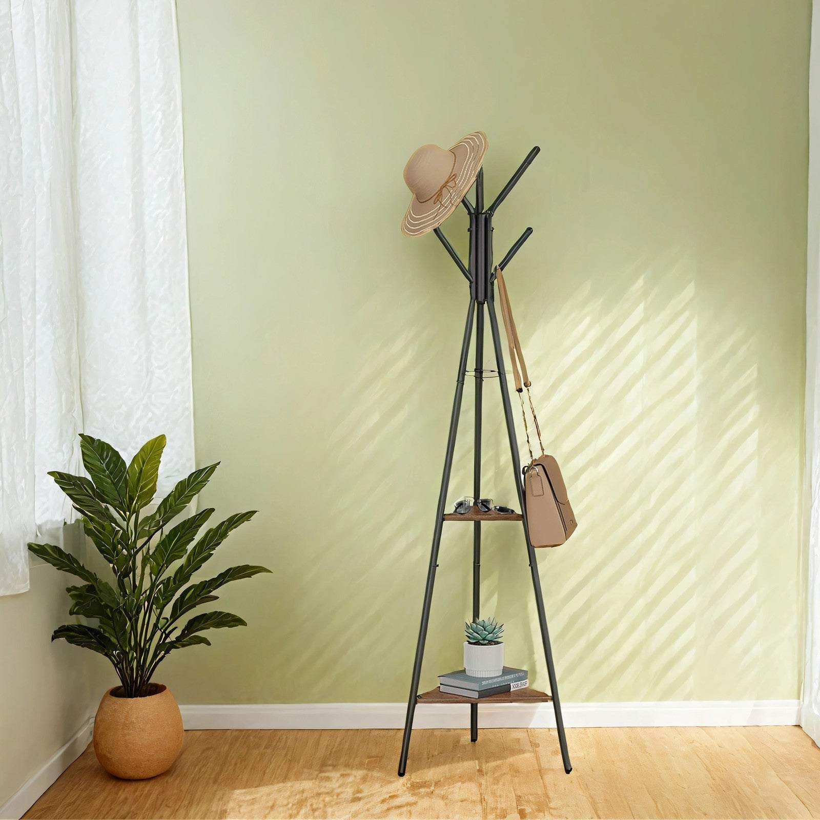 Freestanding Coat Rack - Wood - Greige and Black