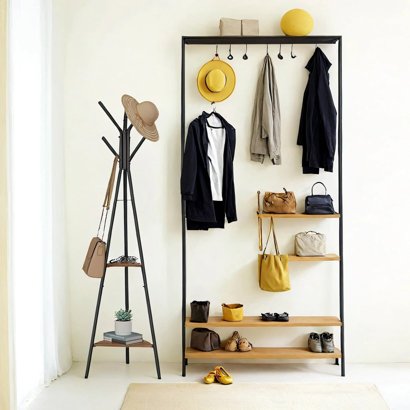 Freestanding Coat Rack - Wood - Greige and Black