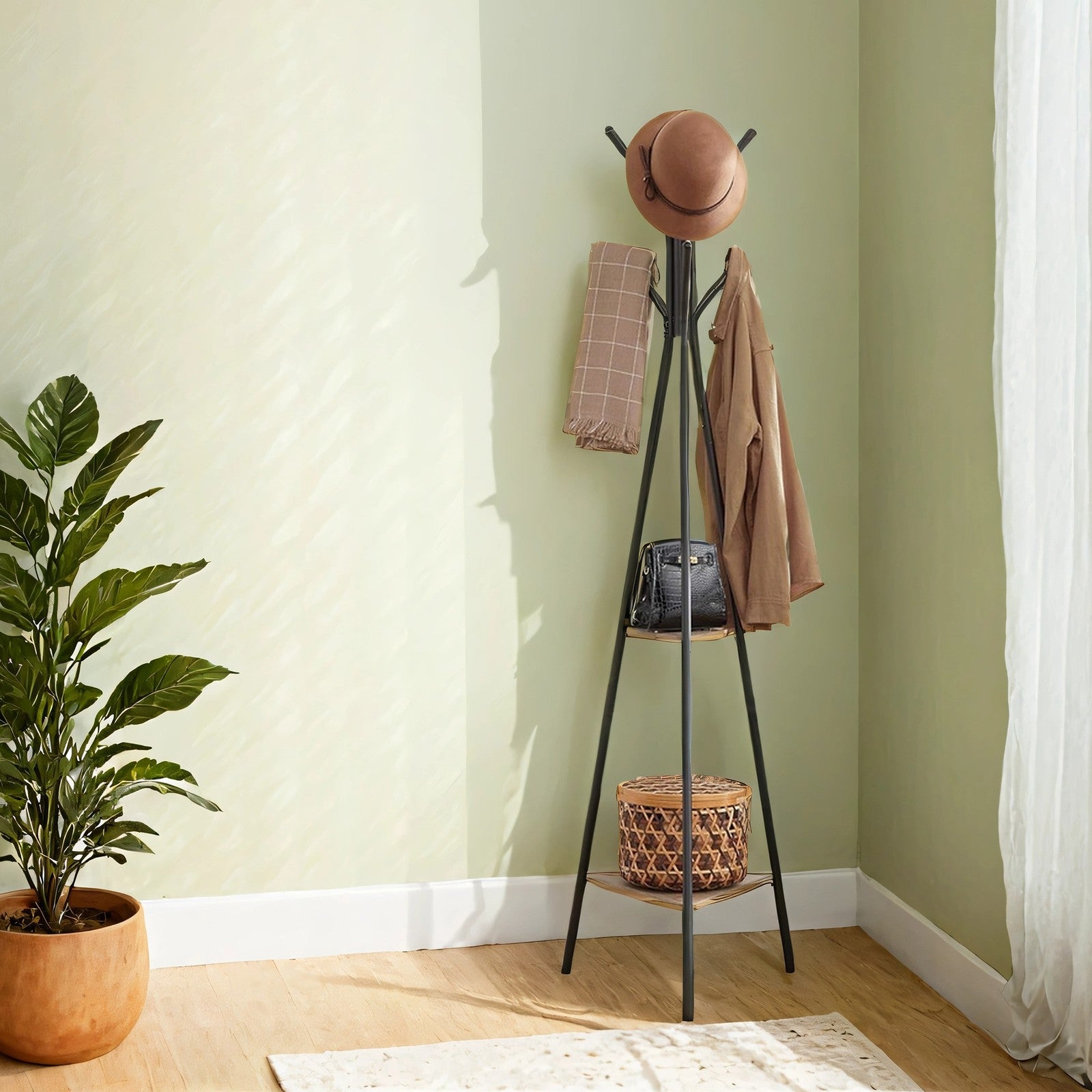 Freestanding Coat Rack - Wood - Greige and Black