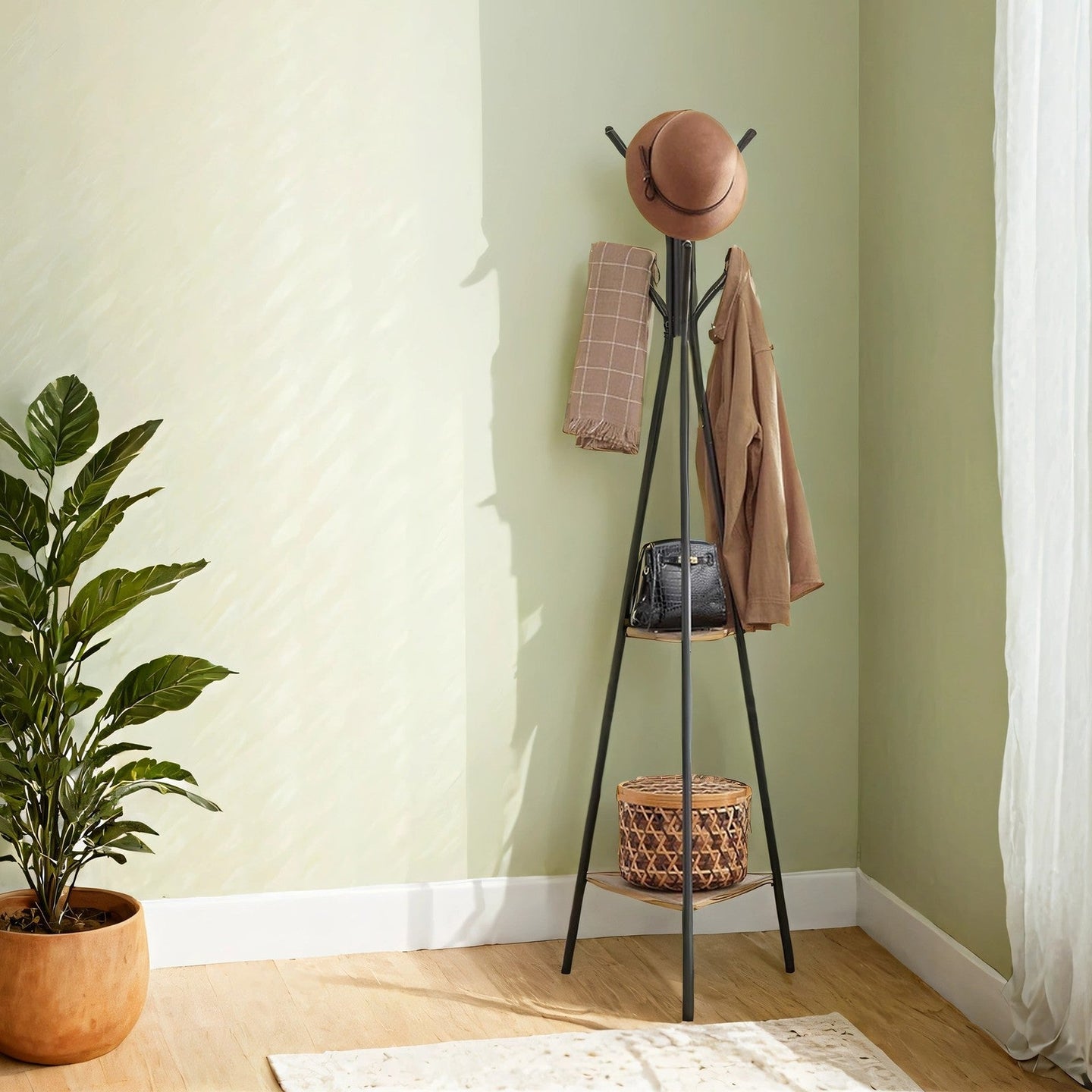 Freestanding Coat Rack - Wood - Greige and Black