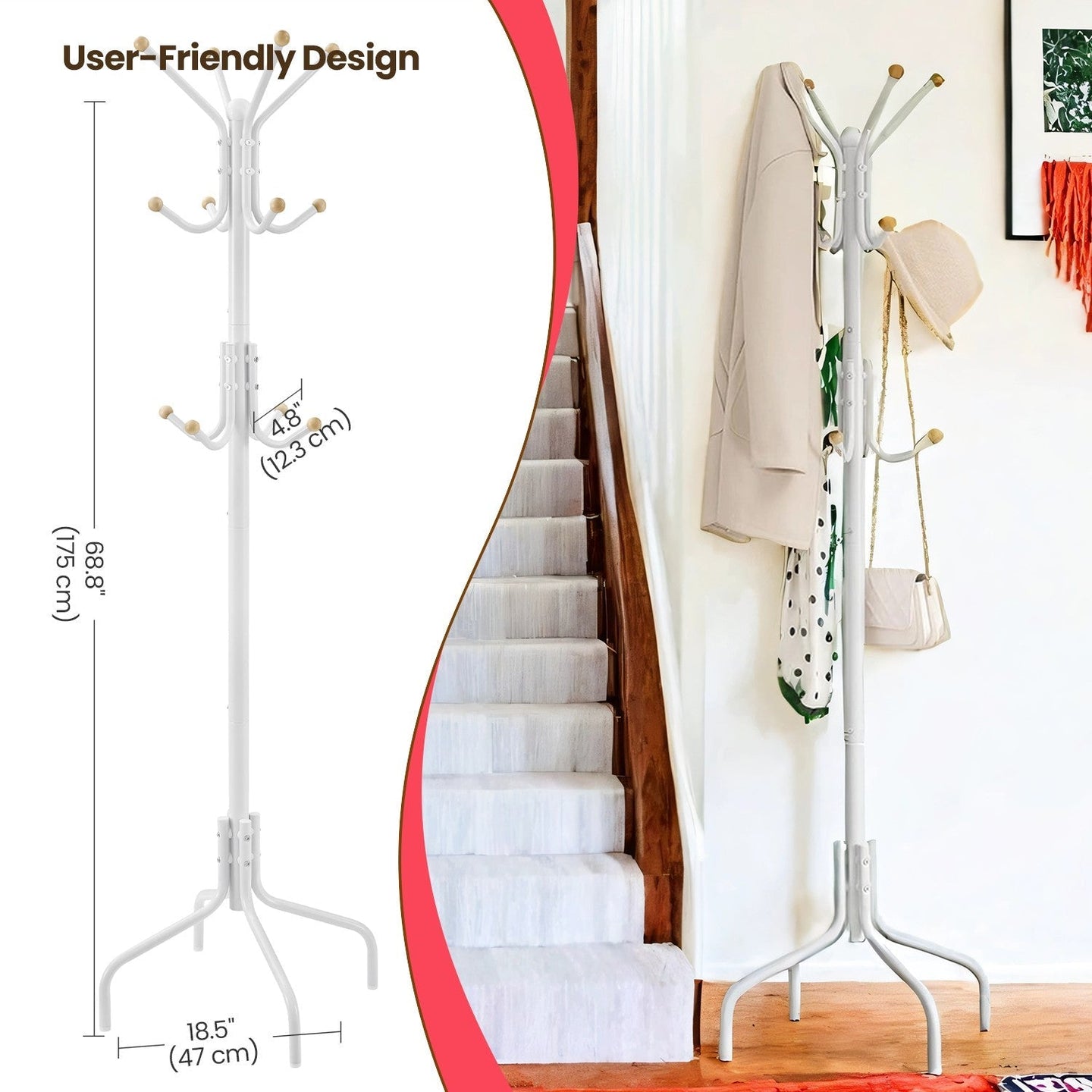 Coat Stand - 12 Hooks, 4 Legs - Metal - Black
