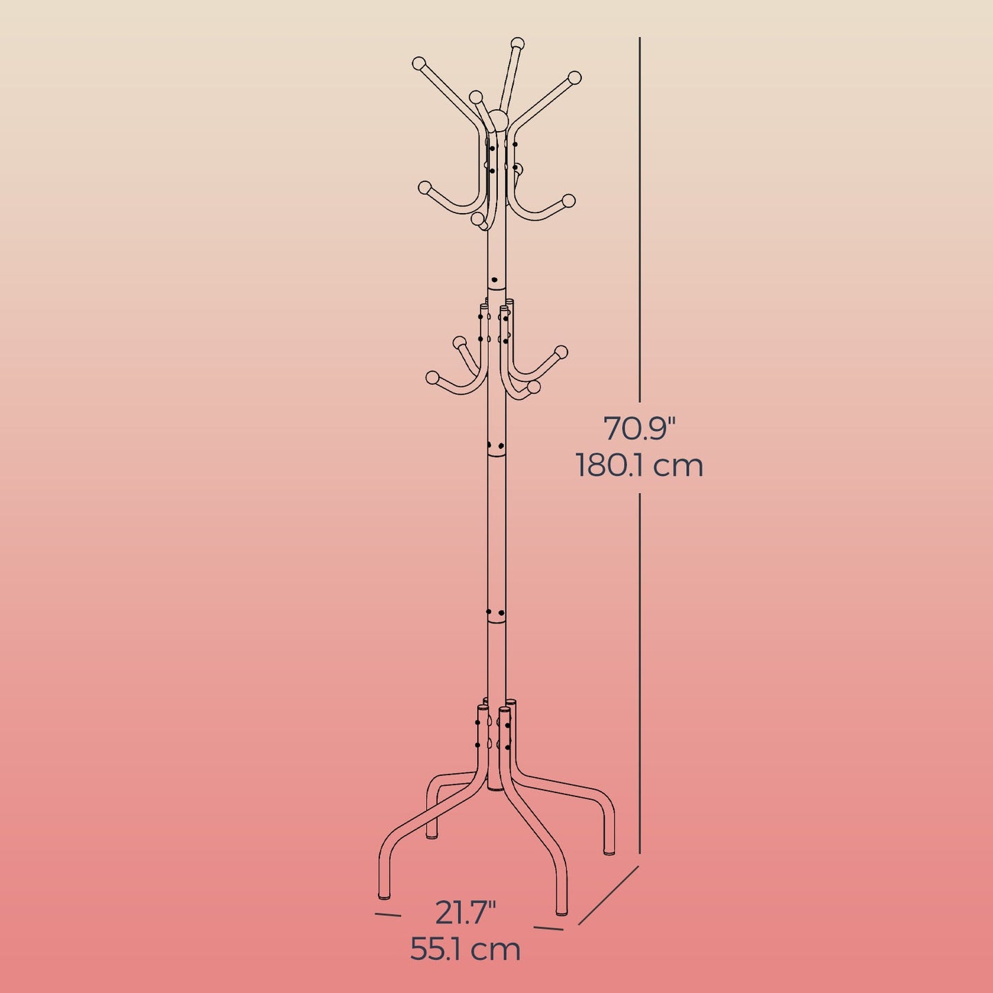 Coat Stand - 12 Hooks, 4 Legs - Metal - Black