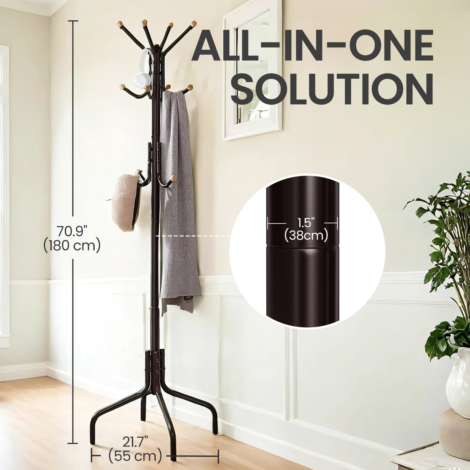 Coat Stand - 12 Hooks, 4 Legs - Metal - Black