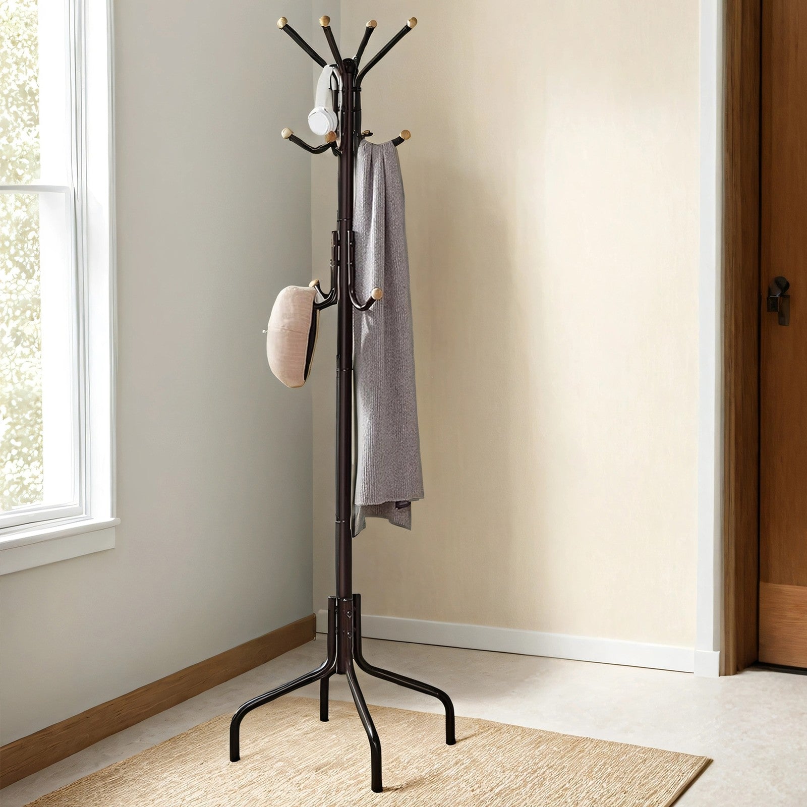 Coat Stand - 12 Hooks, 4 Legs - Metal - Black