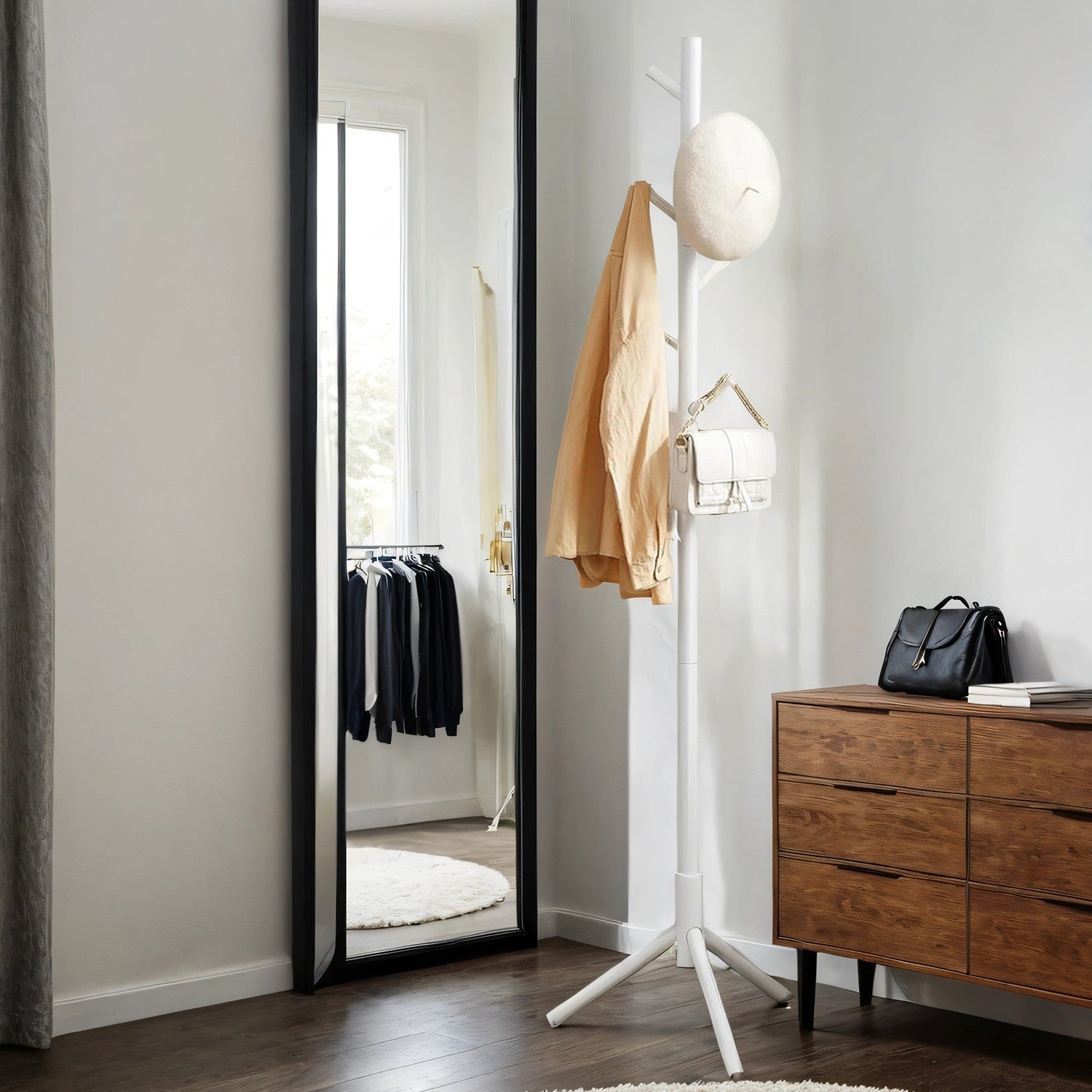 Standing Coat Rack - Solid Wood - White - Tree-Shaped with 8 Hooks and Adjustable Height Options