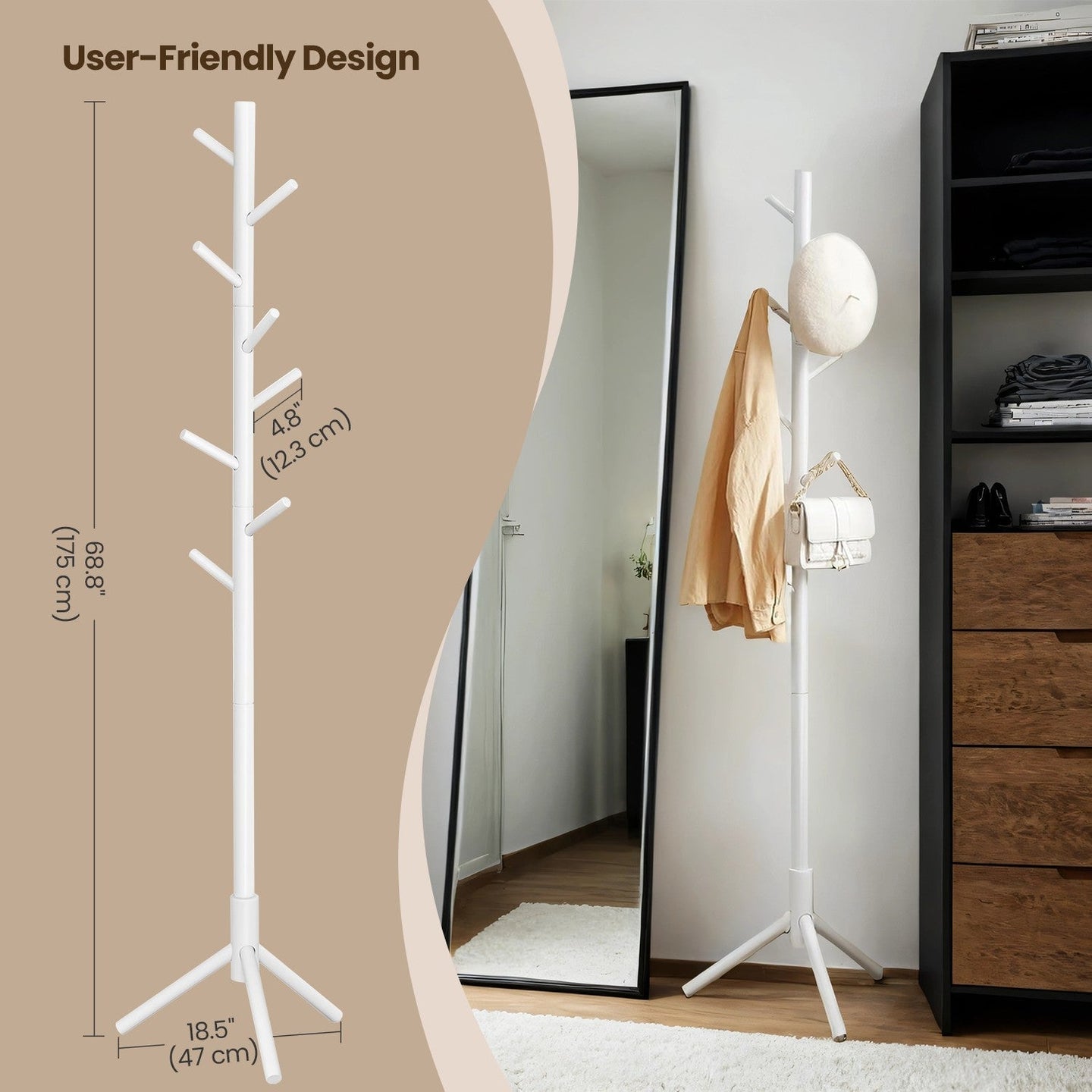 Standing Coat Rack - Solid Wood - White - Tree-Shaped with 8 Hooks and Adjustable Height Options