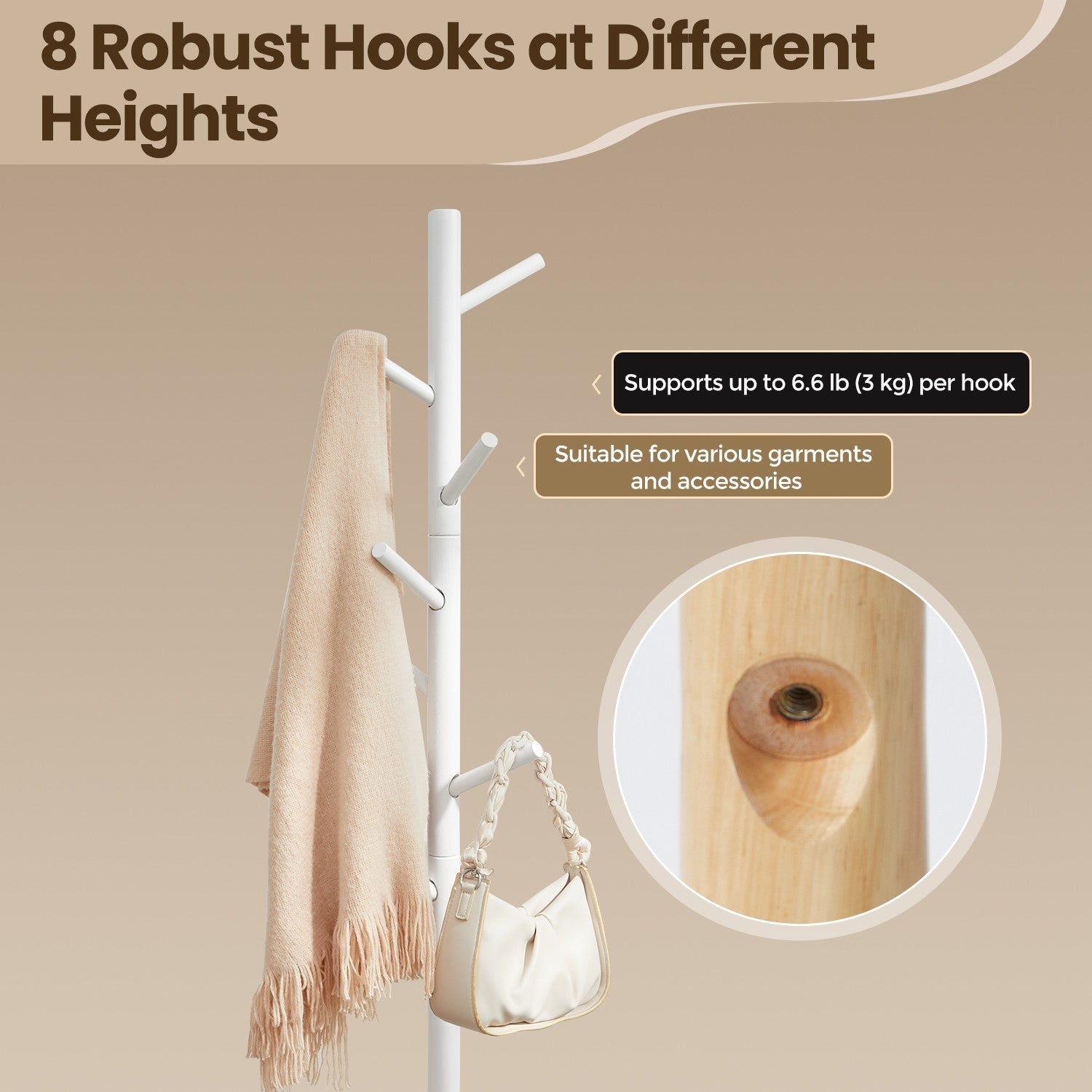 Standing Coat Rack - Solid Wood - White - Tree-Shaped with 8 Hooks and Adjustable Height Options
