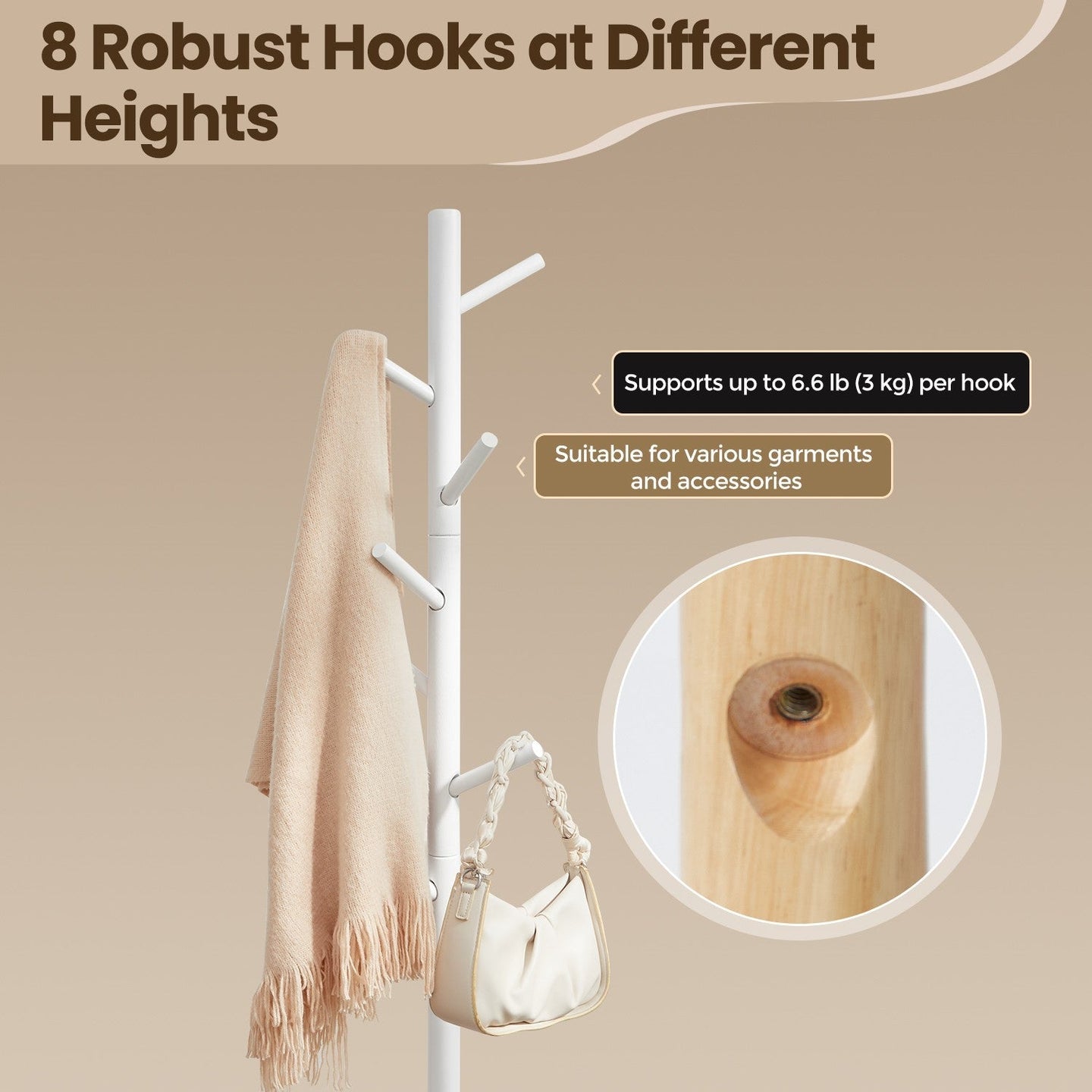 Standing Coat Rack - Solid Wood - White - Tree-Shaped with 8 Hooks and Adjustable Height Options