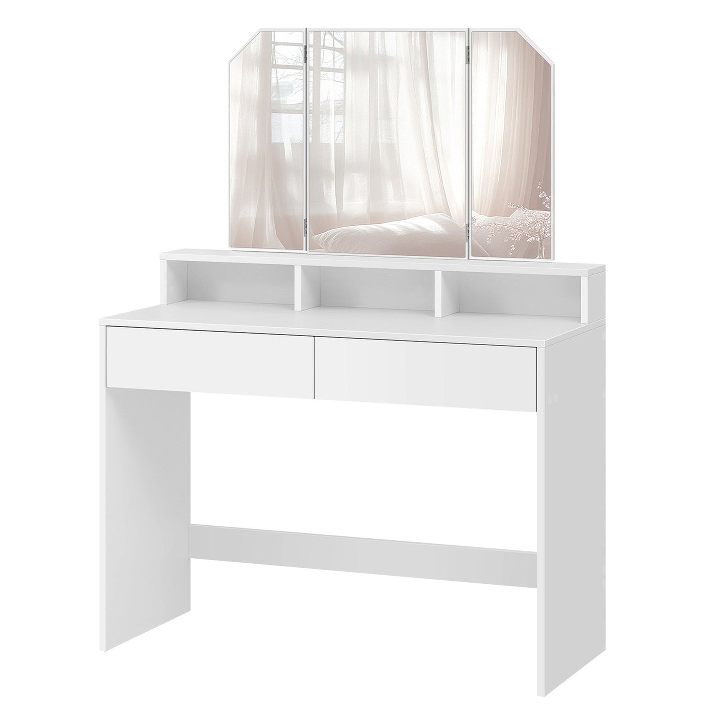 Makeup Vanity Desk - Wood - White - Tri-Fold Mirror