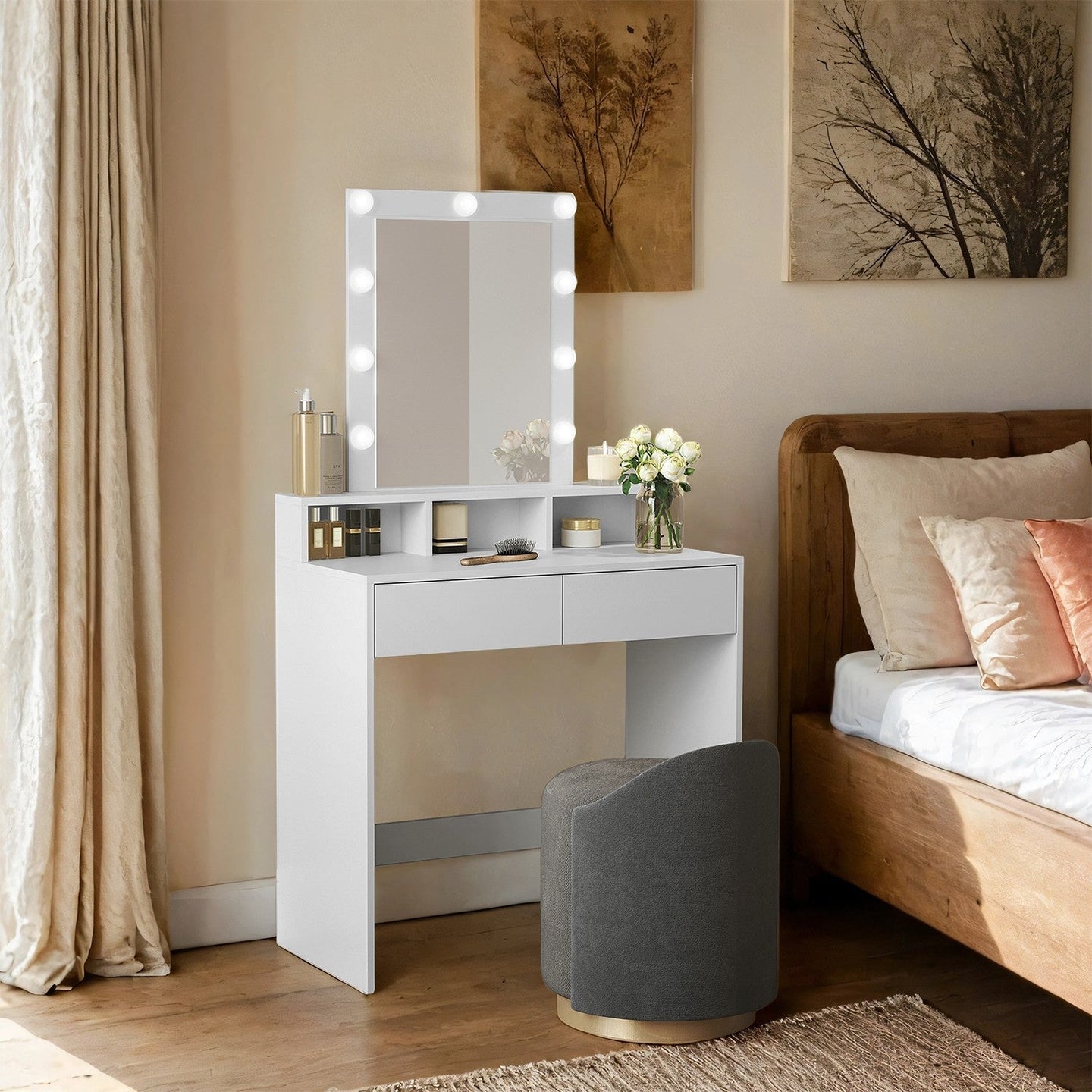 Vanity Table - MDF - White - LED Mirror with Adjustable Brightness and Storage Compartments