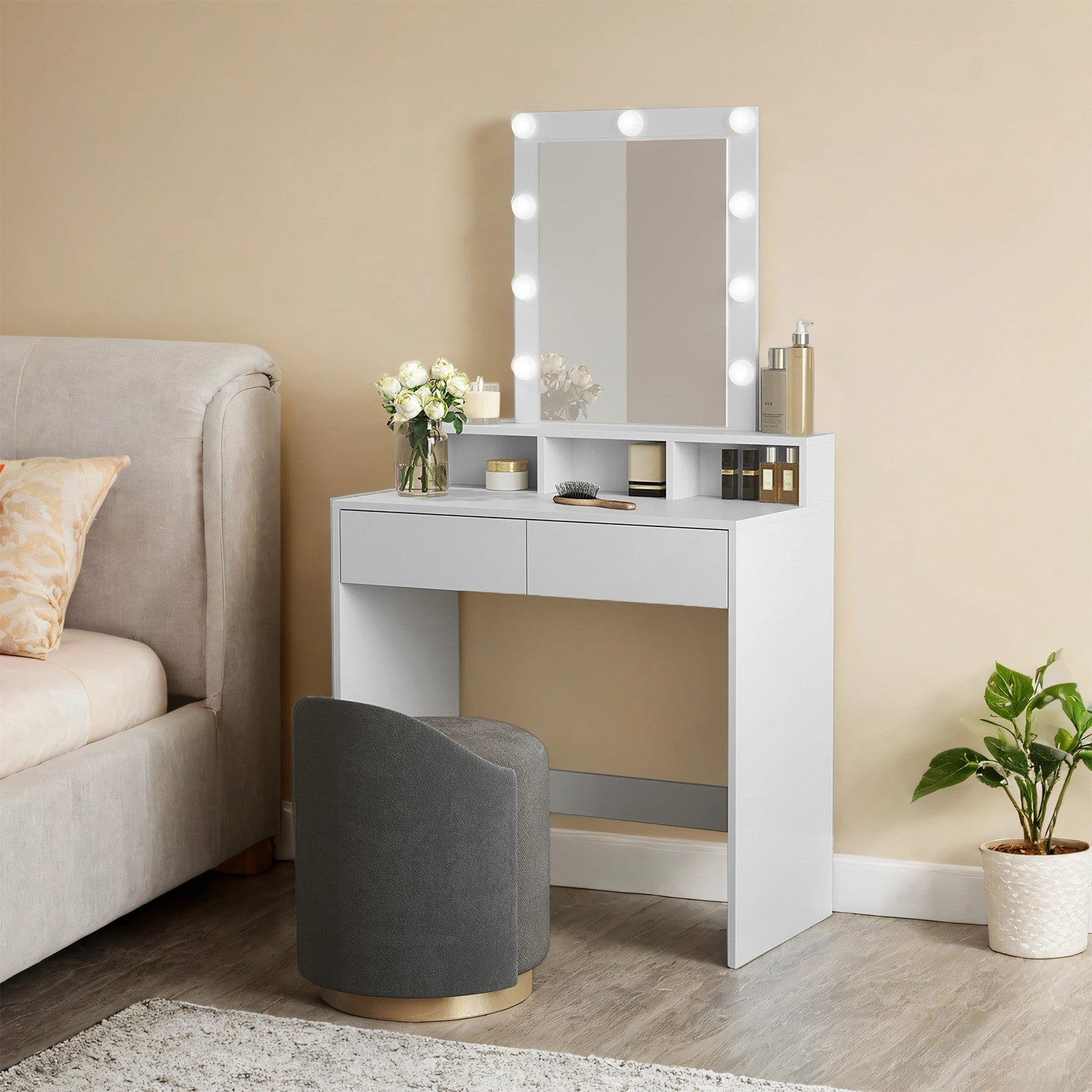 Vanity Table - MDF - White - LED Mirror with Adjustable Brightness and Storage Compartments