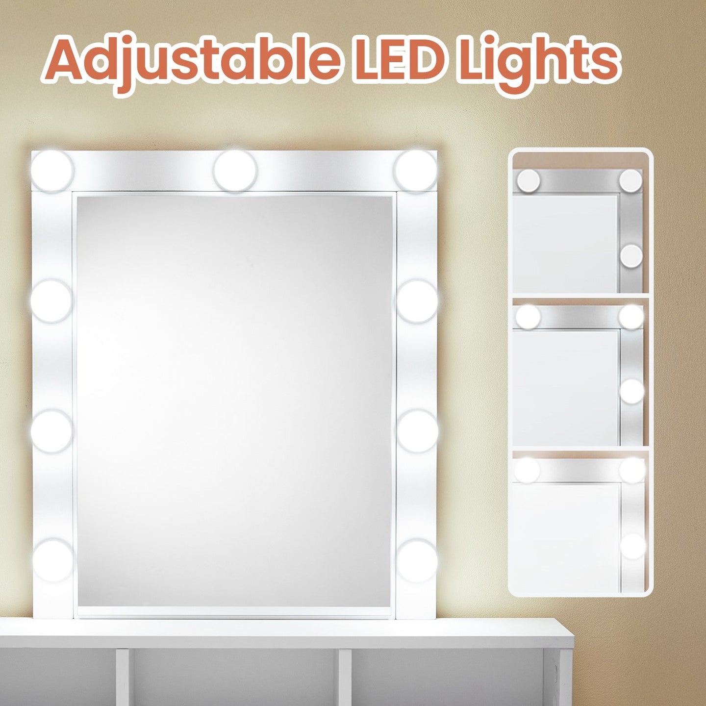 Vanity Table - MDF - White - LED Mirror with Adjustable Brightness and Storage Compartments