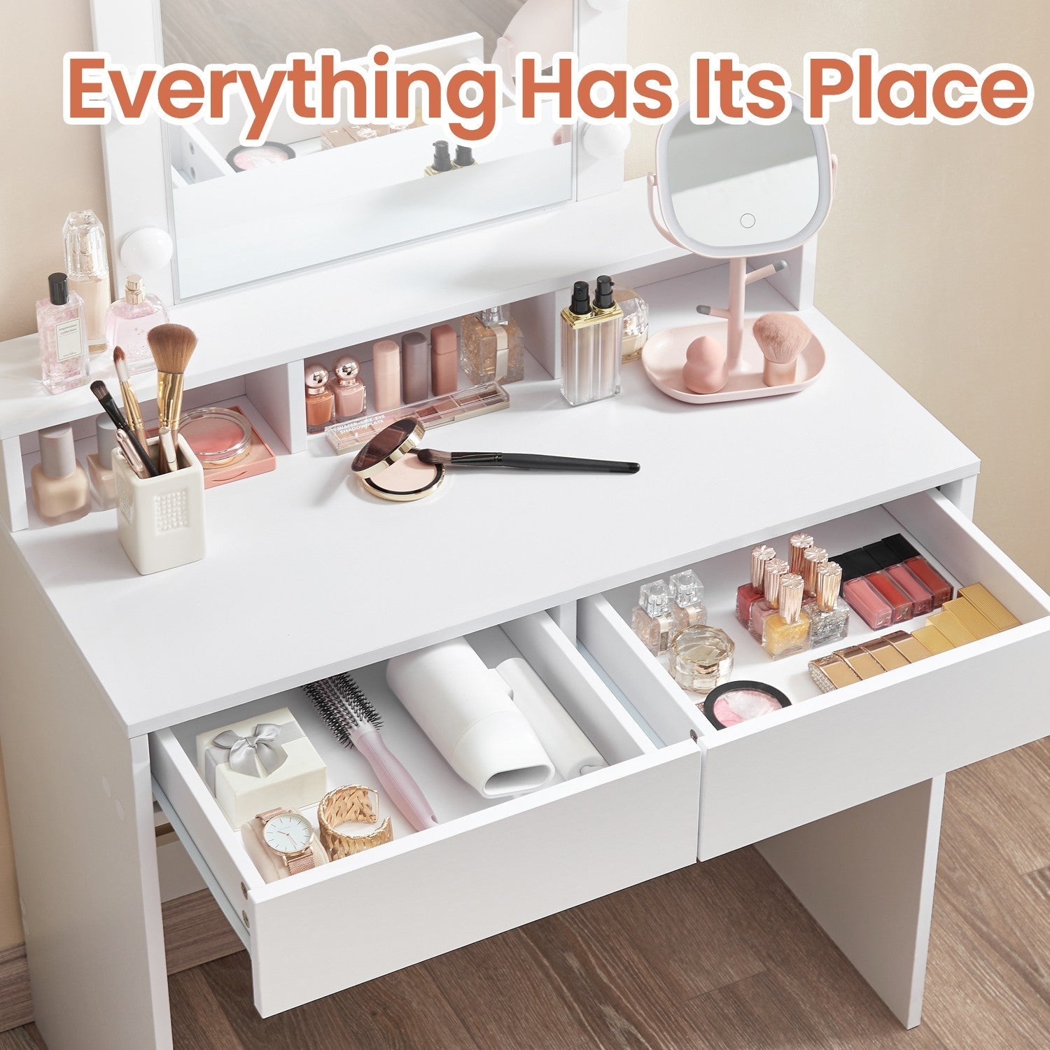 Vanity Table - MDF - White - LED Mirror with Adjustable Brightness and Storage Compartments
