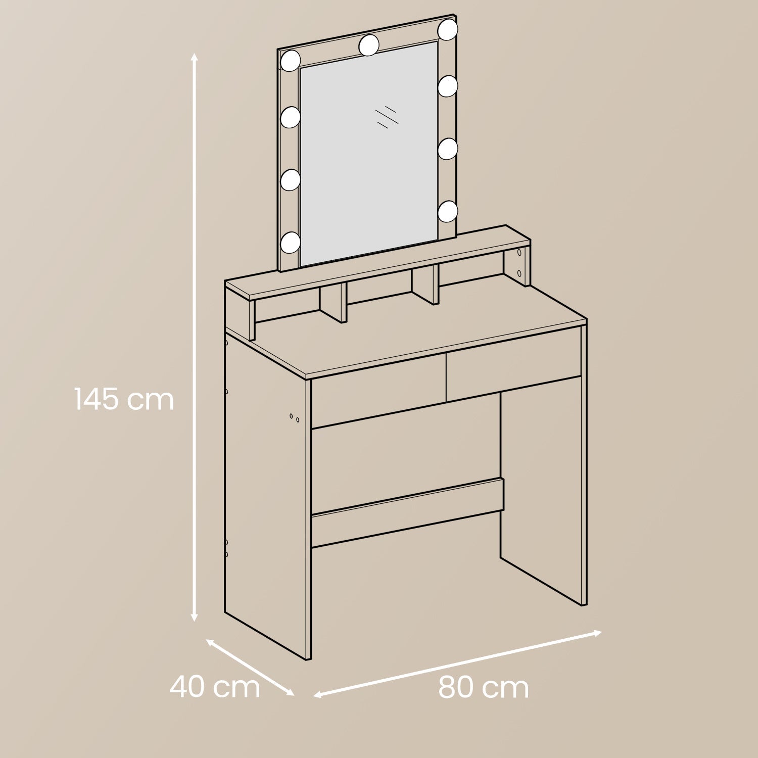 Vanity Table - MDF - White - LED Mirror with Adjustable Brightness and Storage Compartments