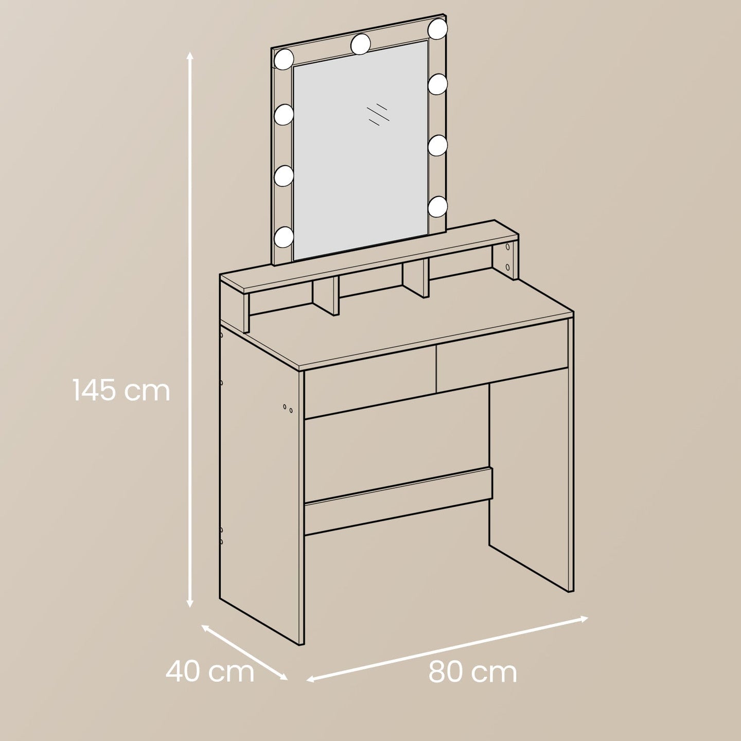Vanity Table - MDF - White - LED Mirror with Adjustable Brightness and Storage Compartments