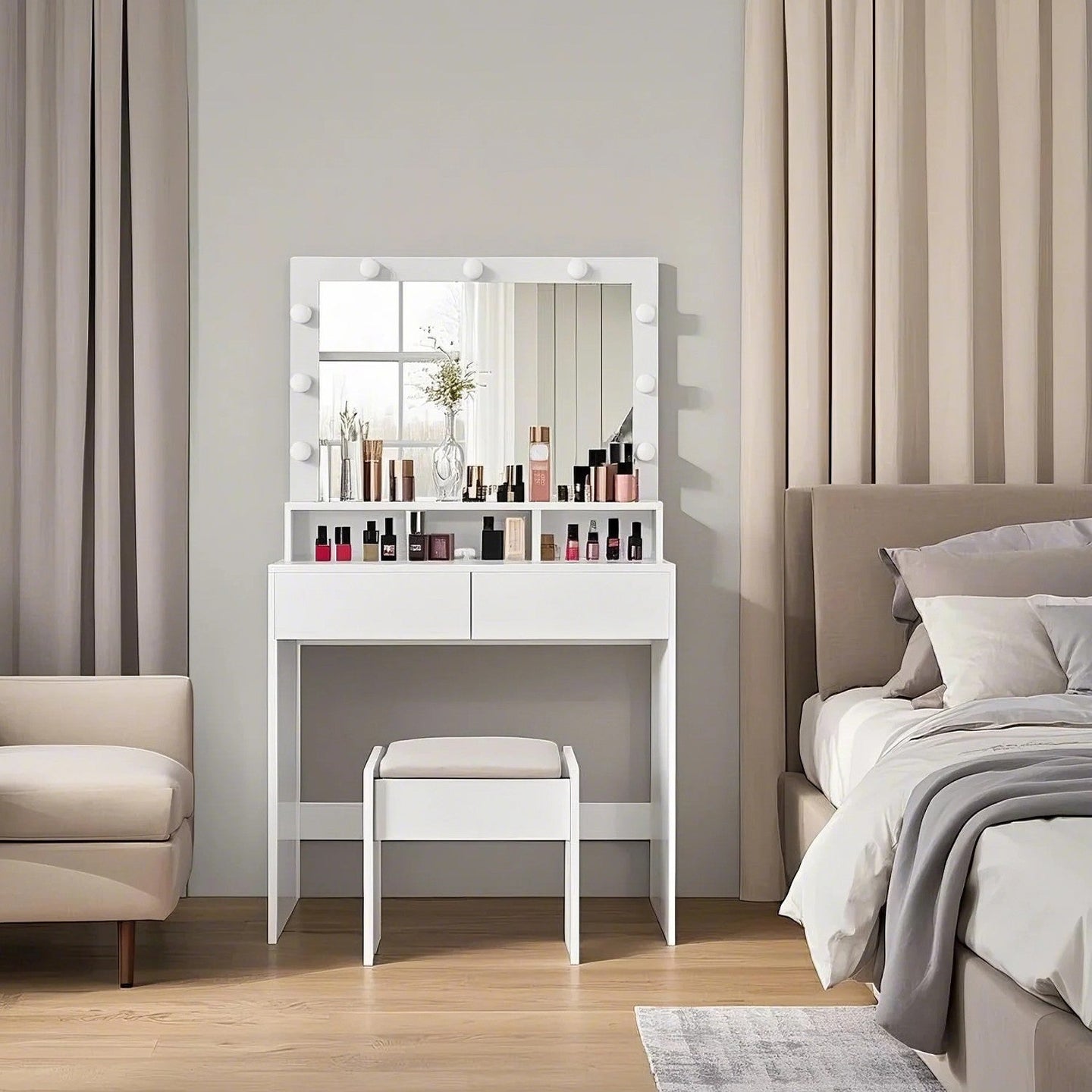 Vanity Table - MDF - White - Large Mirror with Adjustable LED Lights