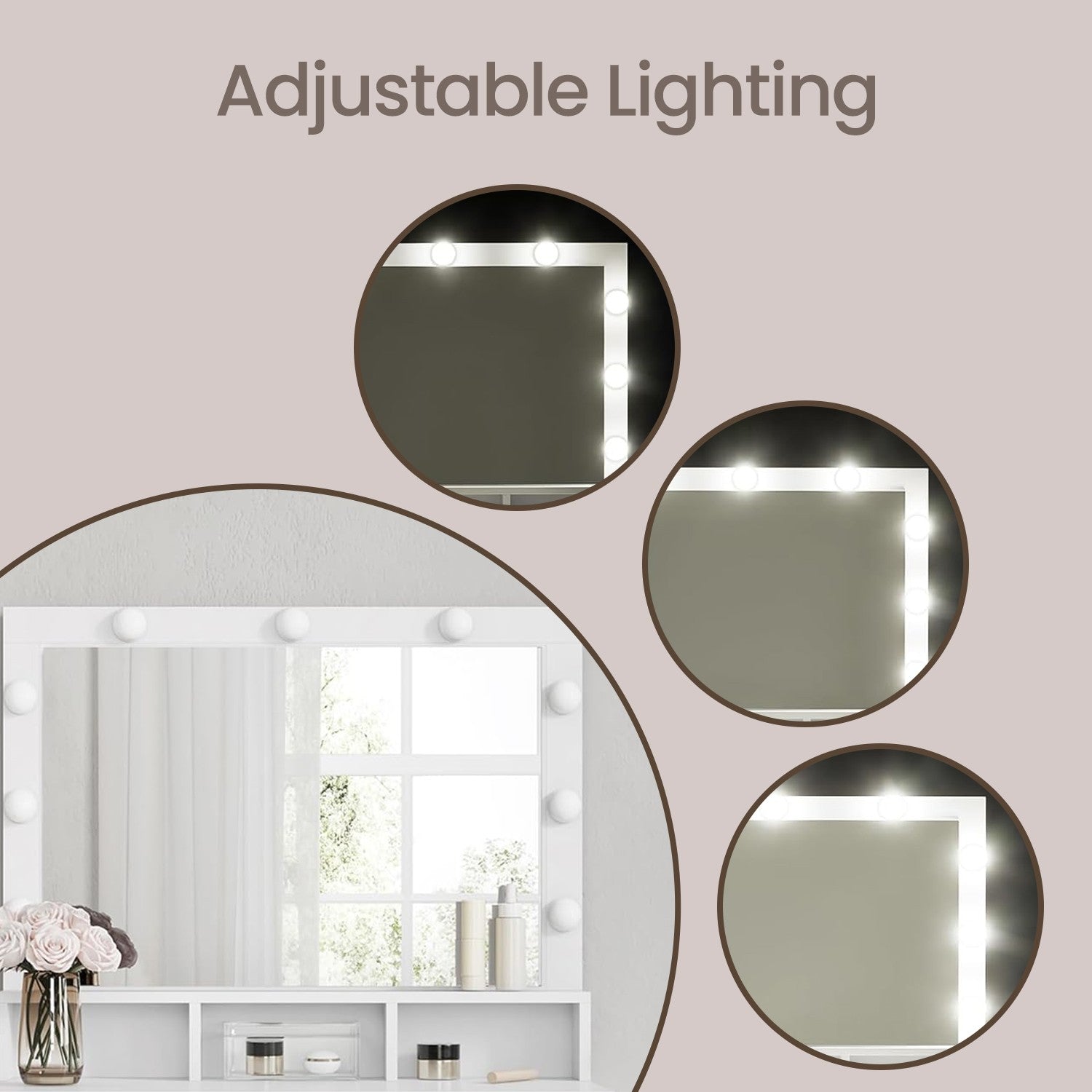 Vanity Table - MDF - White - Large Mirror with Adjustable LED Lights