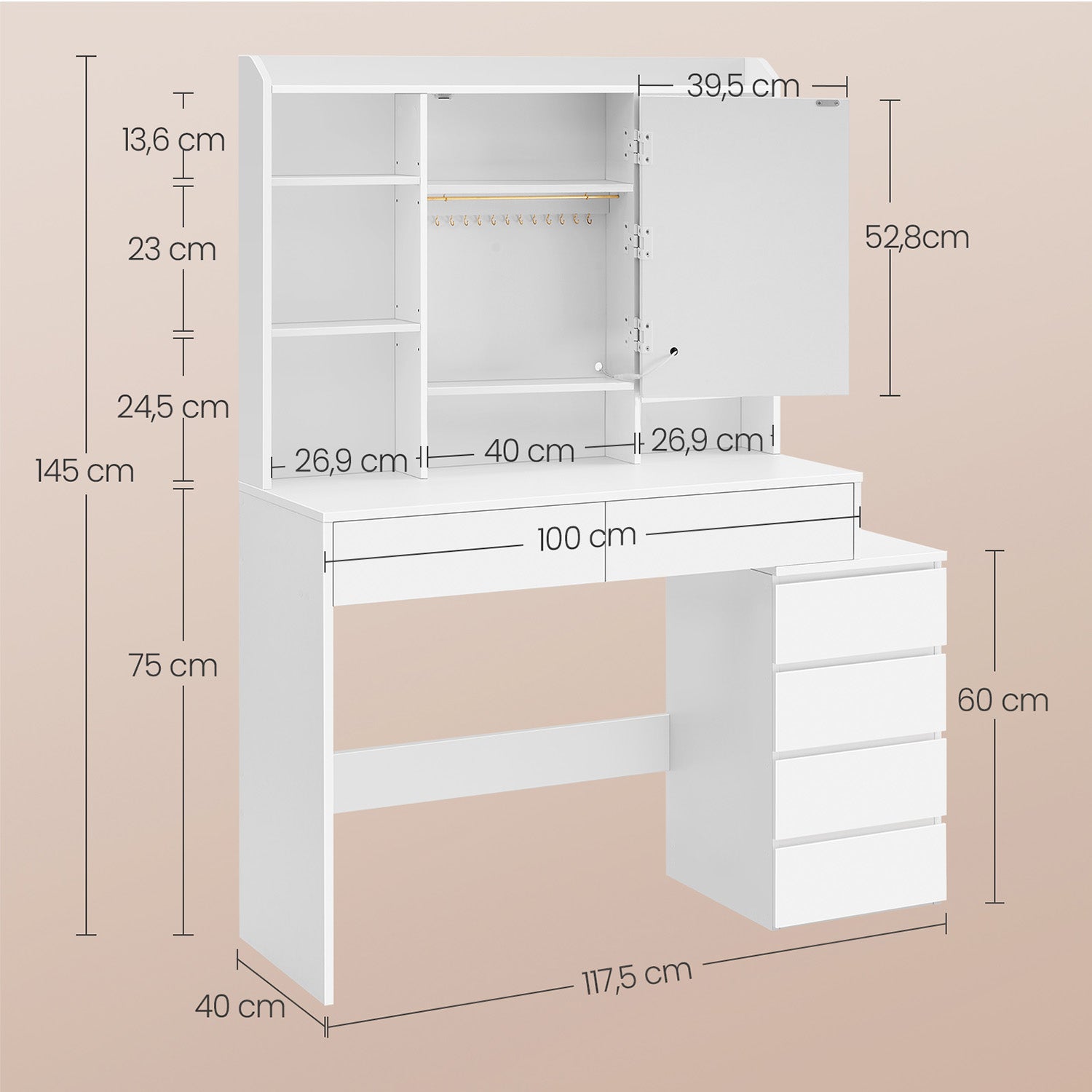 Makeup Desk - MDF - Cloud White - Drawers