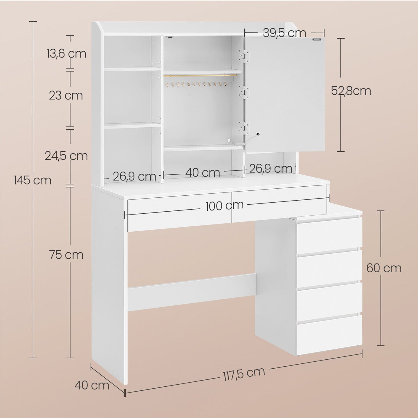 Makeup Desk - MDF - Cloud White - Drawers