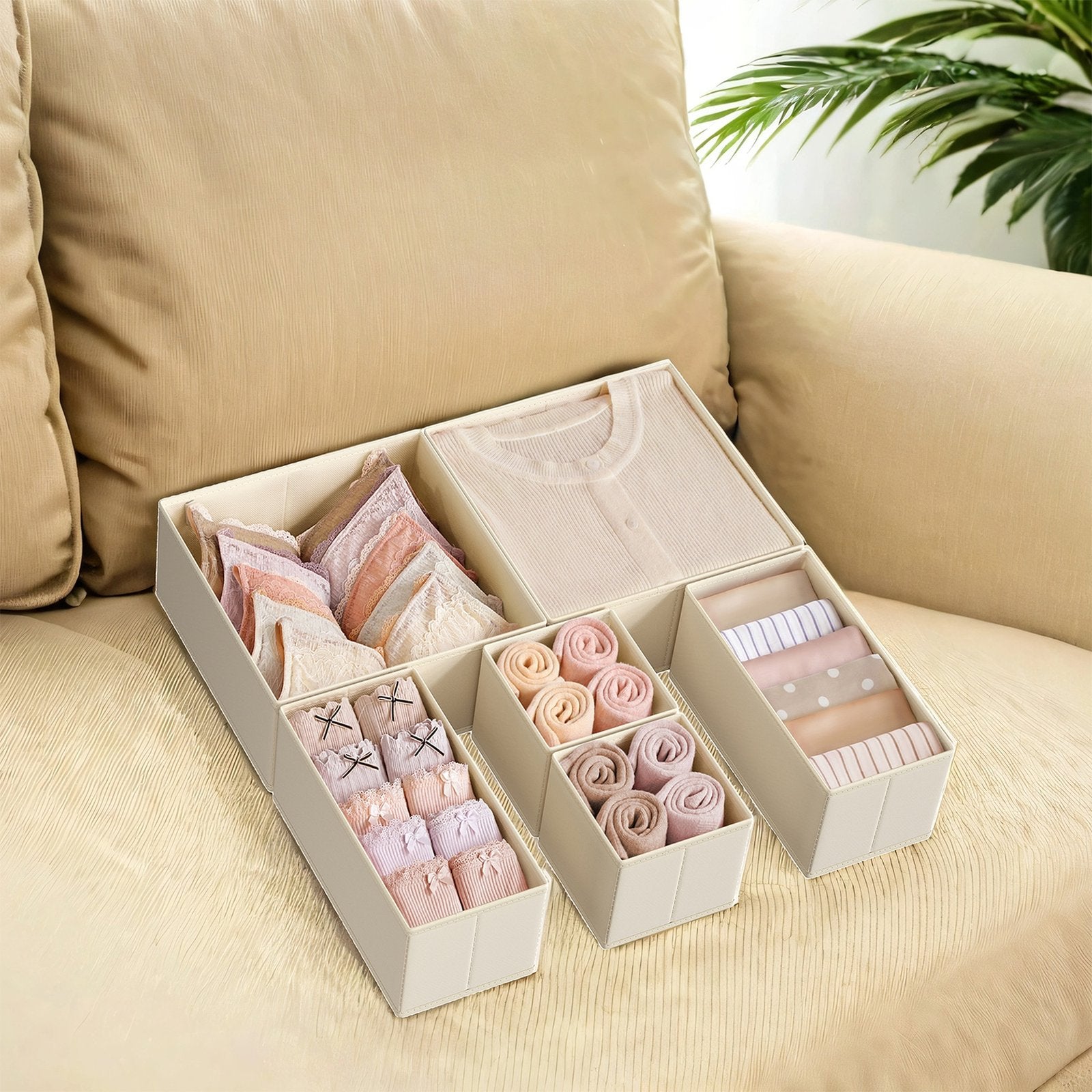 Dresser Drawer Organizer - Linenette Non-Woven Fabric - Dark Grey - Set of 6 Foldable Storage Bins for Socks and Accessories